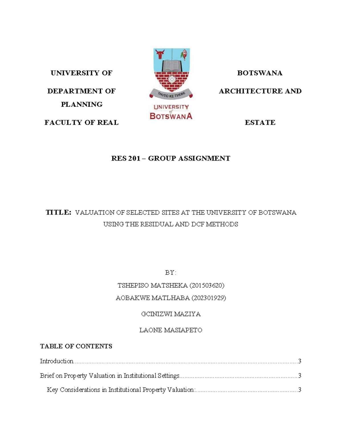 RES 201 Group Assignment: Valuation of UB Sites Using Residual & DCF ...