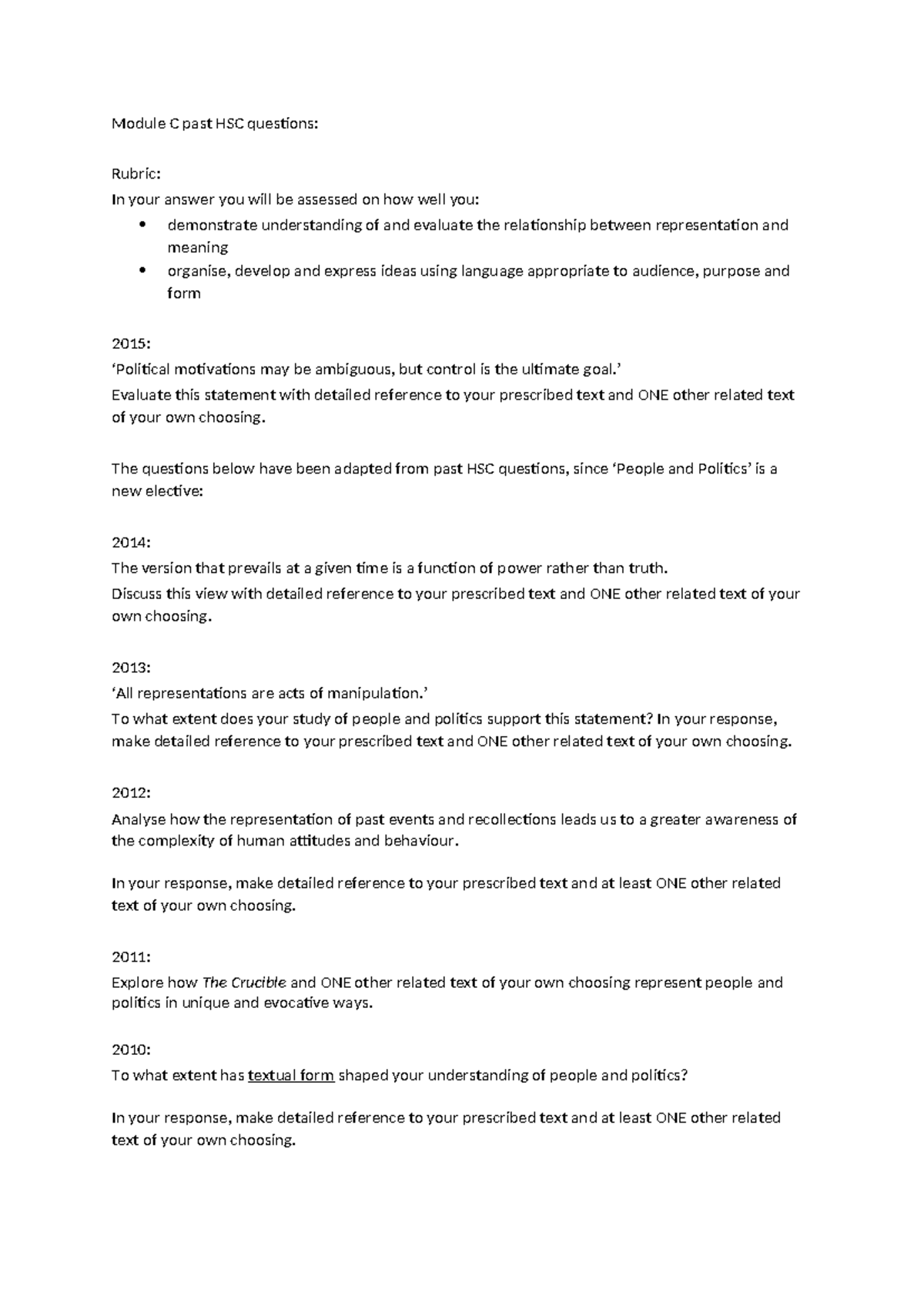 Module C Past HSC Questions on People and Politics Analysis - Studocu