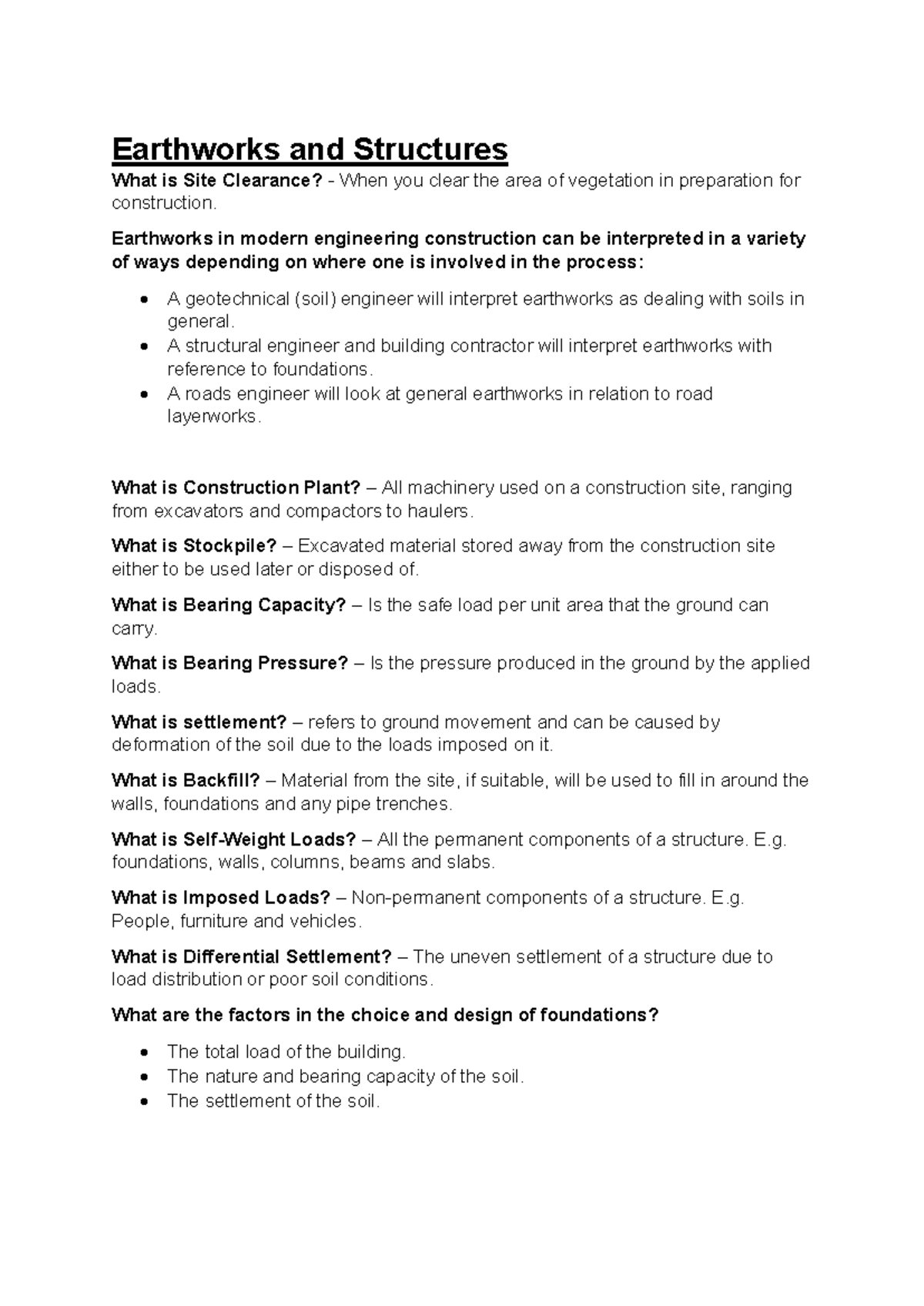 Earthworks & Structures: Key Concepts for Exam Preparation - Studocu