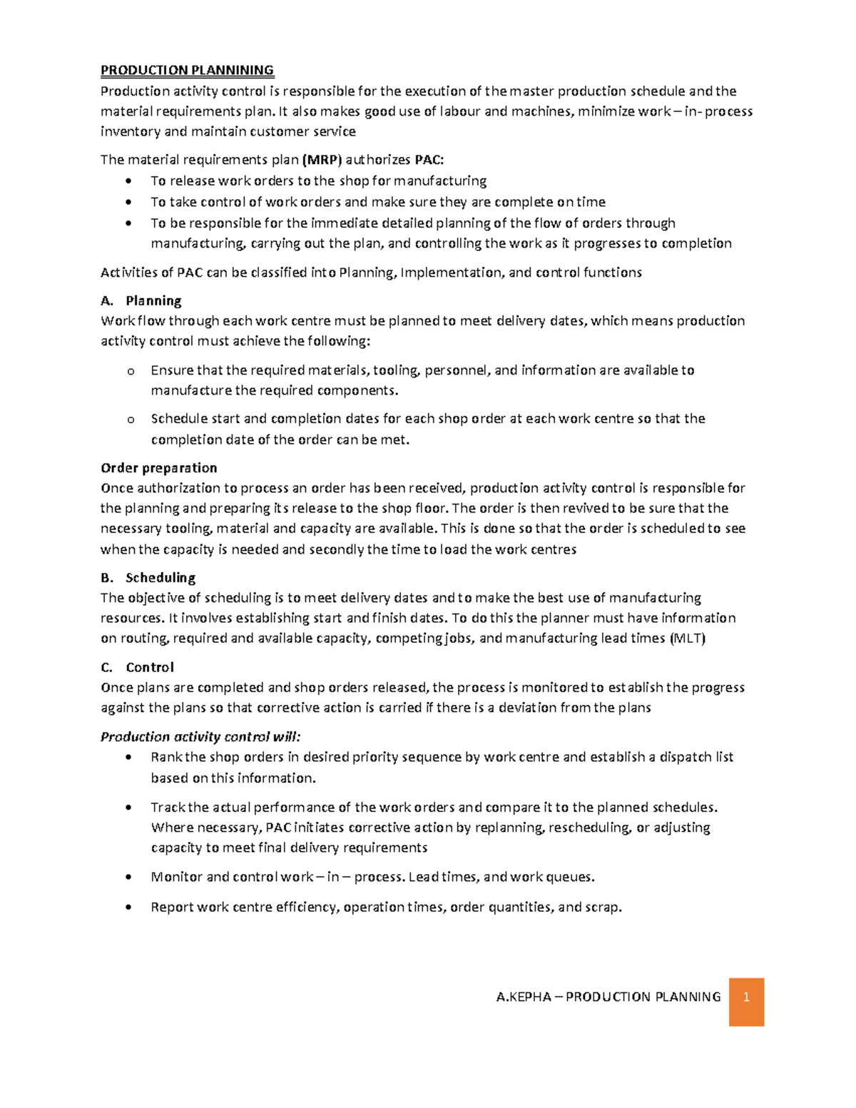 Production Planning - IOM Lecture Notes on Activity Control - Studocu