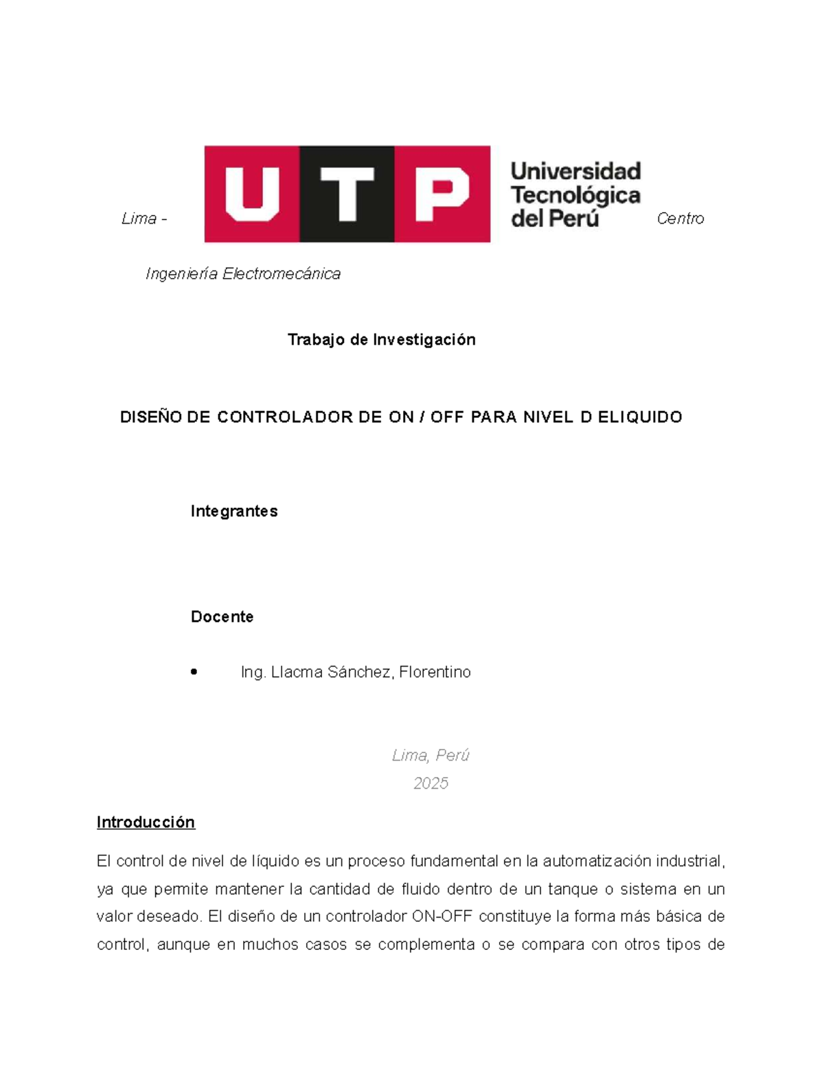 Diseño de Controlador ON/OFF para Nivel de Líquido - Trabajo de ...