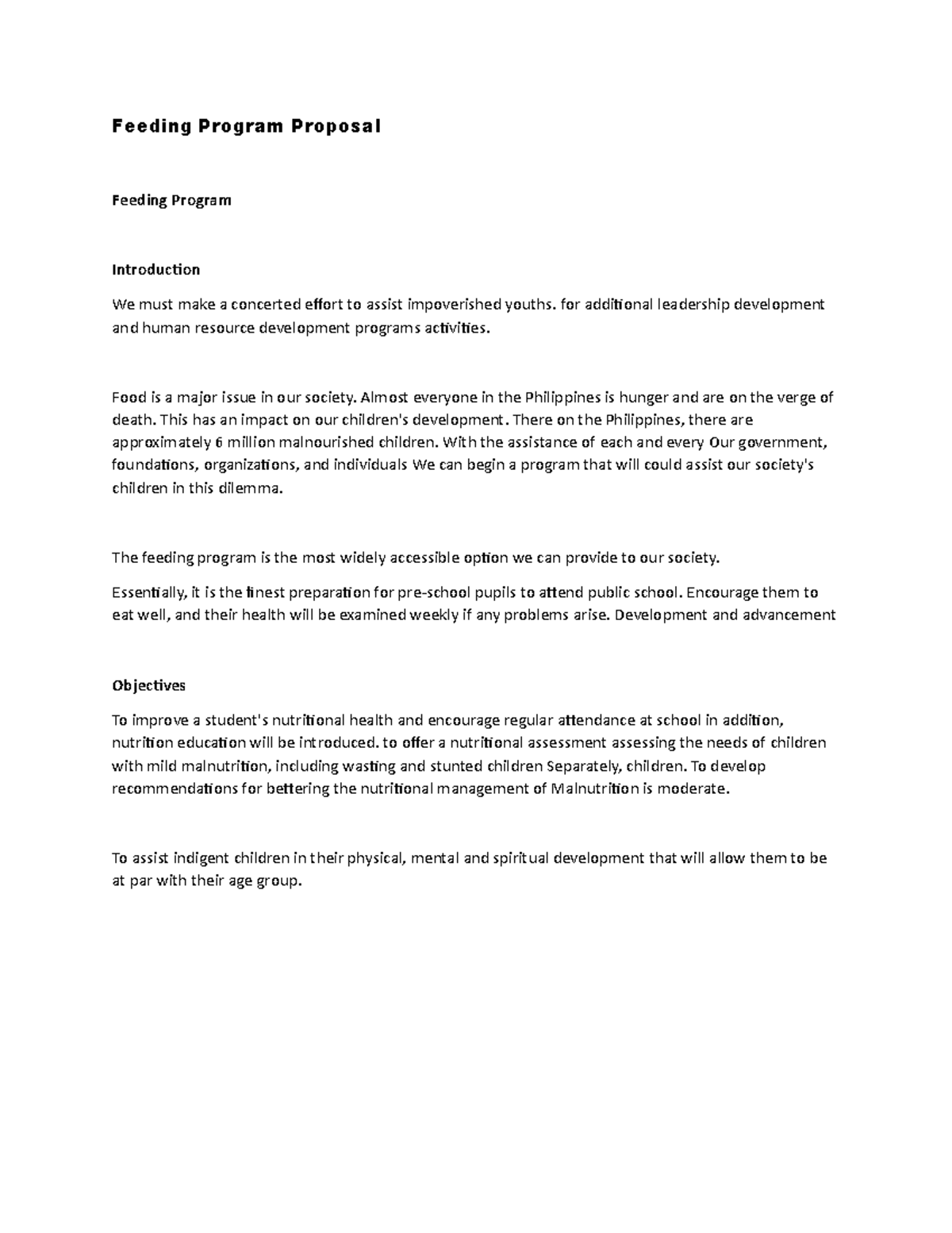 Feeding Program Proposal for Combating Malnutrition in Kids - Studocu