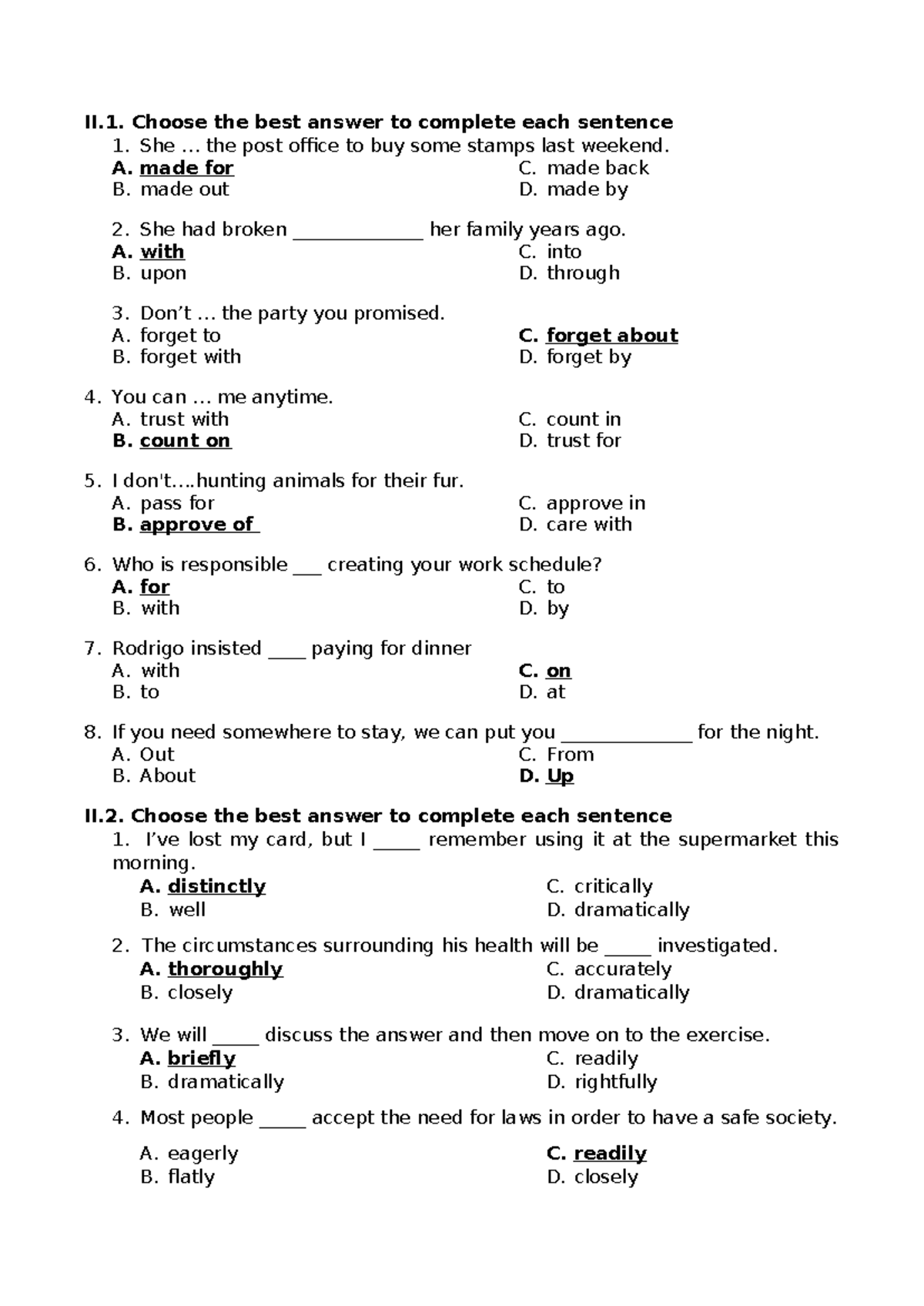 Collocation Practice Questions and Answers - ESL 101 - Studocu