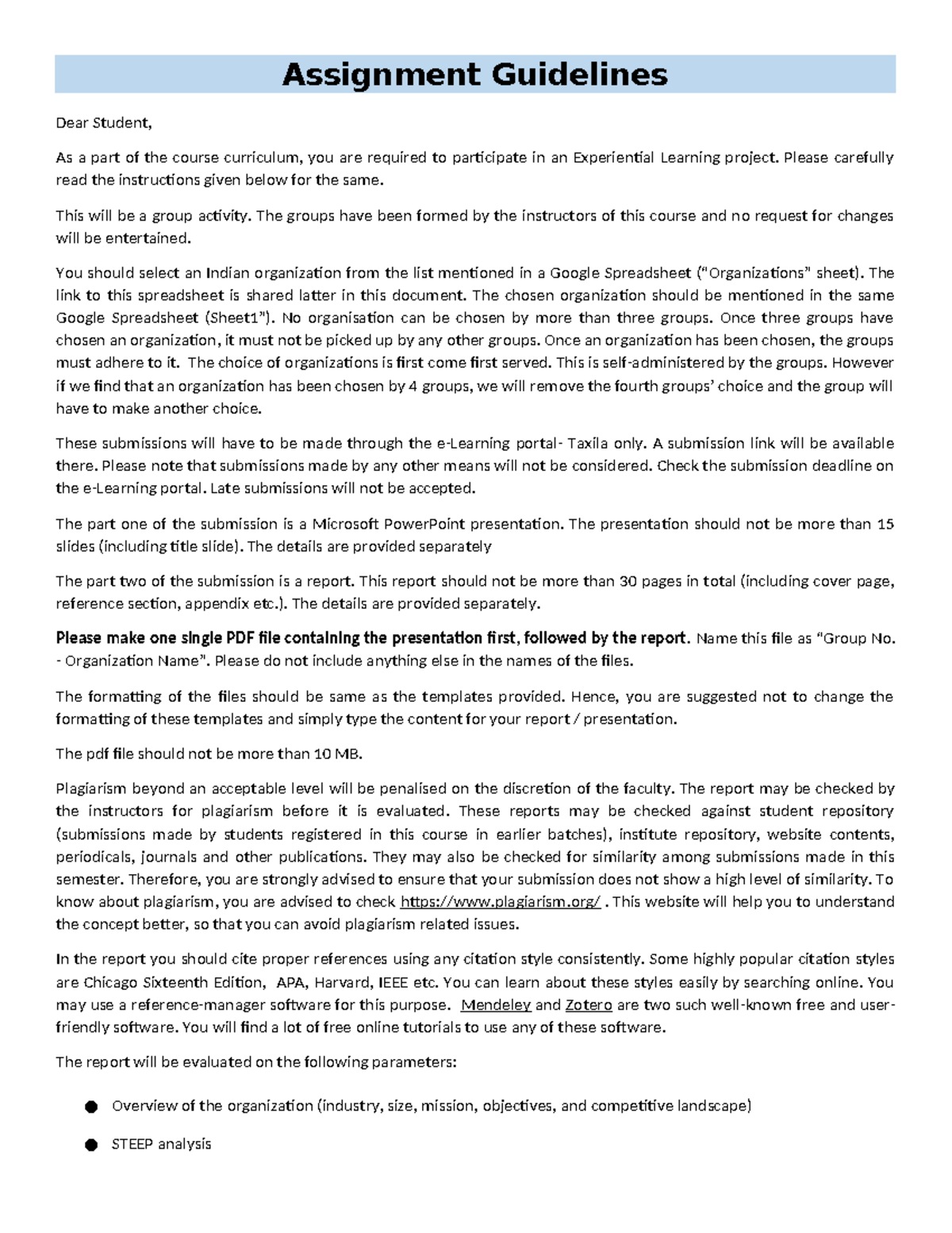Assignment guidelines for experiential learning project (course code ...