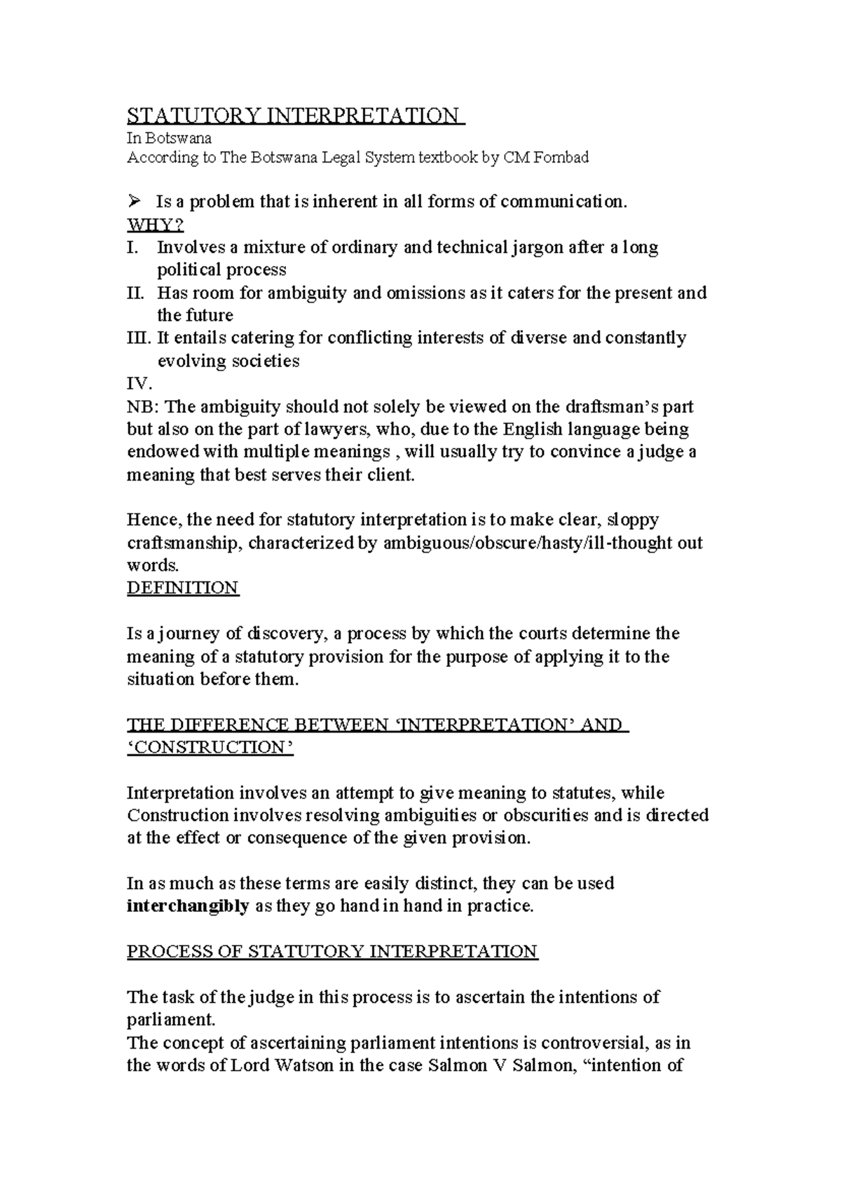 Statutory Interpretation in Botswana: Key Concepts and Rules KOKI - Studocu