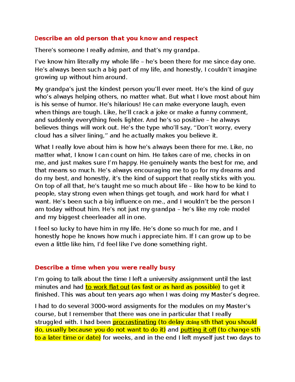 Speaking PART 2: Personal Reflections and Experiences - Studocu