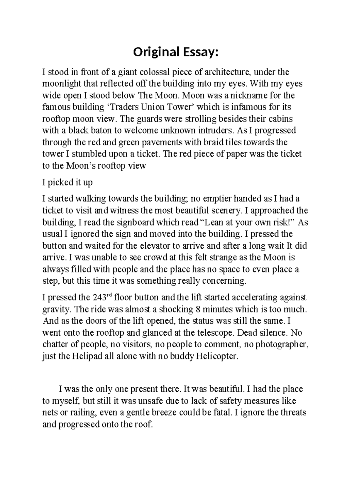 Original Essay on the Traders Union Tower - ENGL101 - Studocu