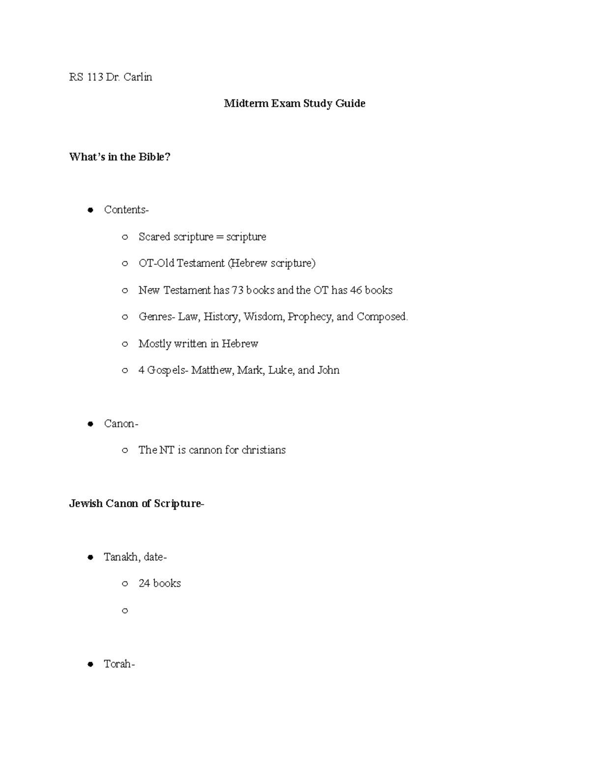 Midterm Exam Study Guide for RS 113: Gospels & Scripture Analysis - Studocu