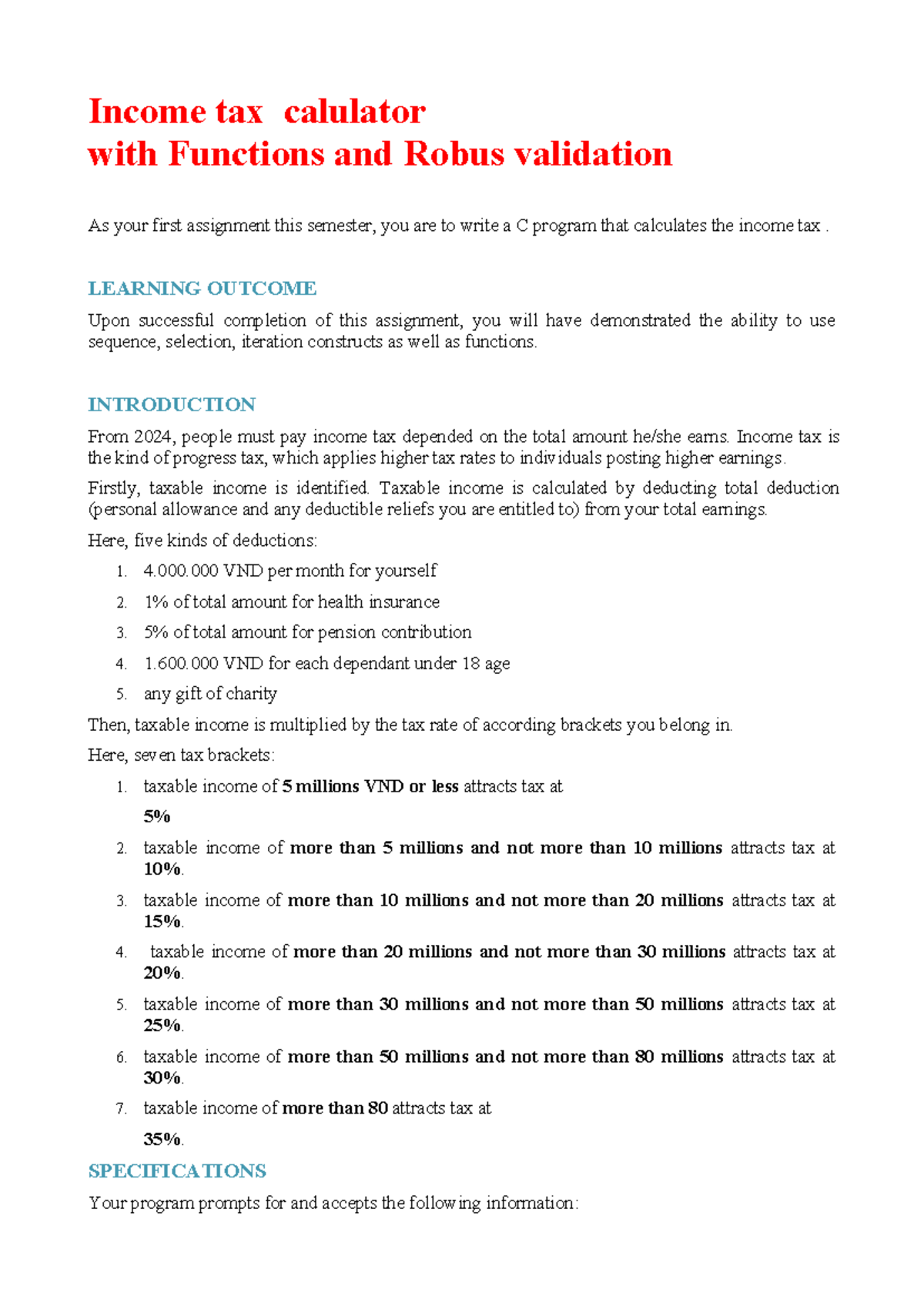 Income Tax Calculator Assignment - C Programming (PRF 192) - Studocu