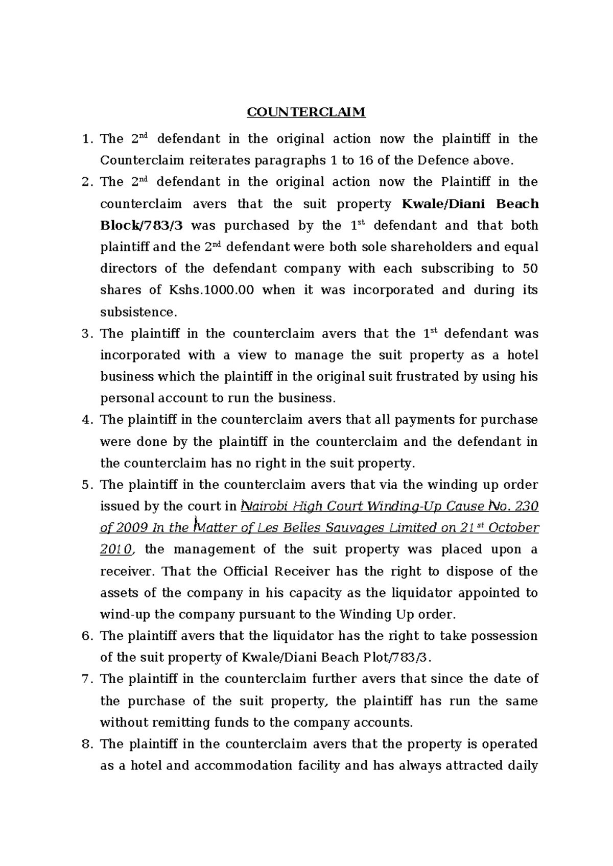 Counterclaim Drafting Notes for Case No. 230/2009 - Studocu