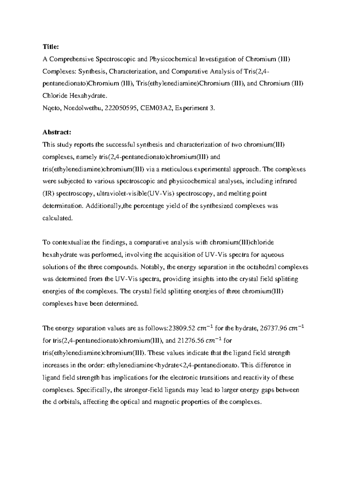 CEM03A2 Experiment 3: Spectroscopic Analysis of Chromium Complexes ...