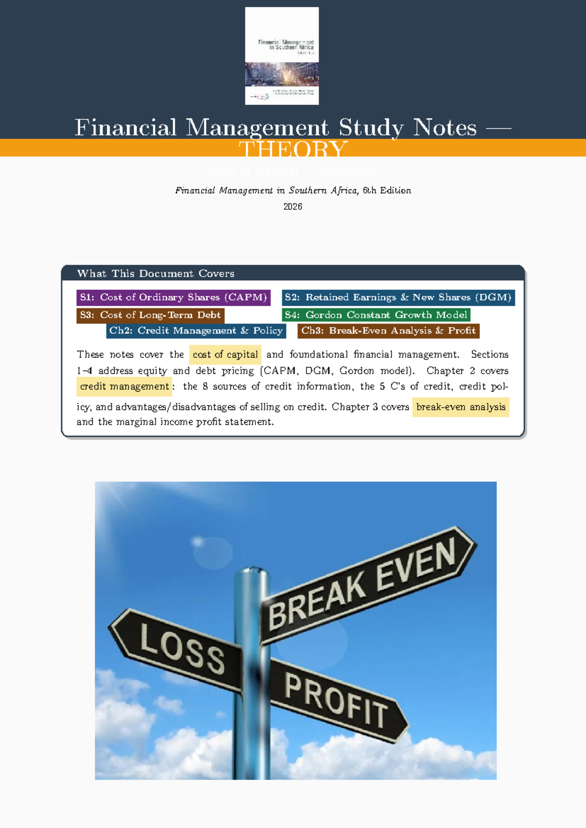 Financial Management Study Notes: Cost of Capital & BEP Calculations ...