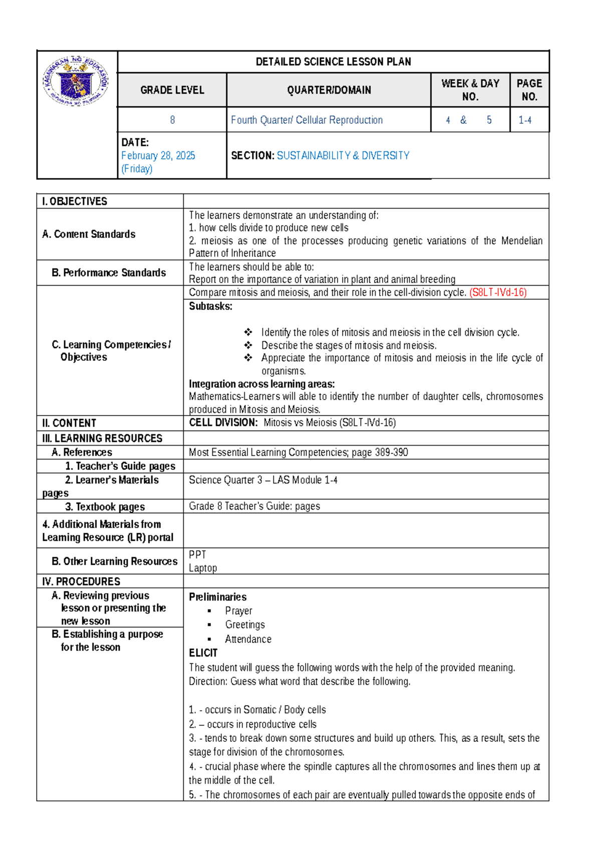 Comparing mitosis & meiosis 02-28-25 - DETAILED SCIENCE LESSON PLAN ...