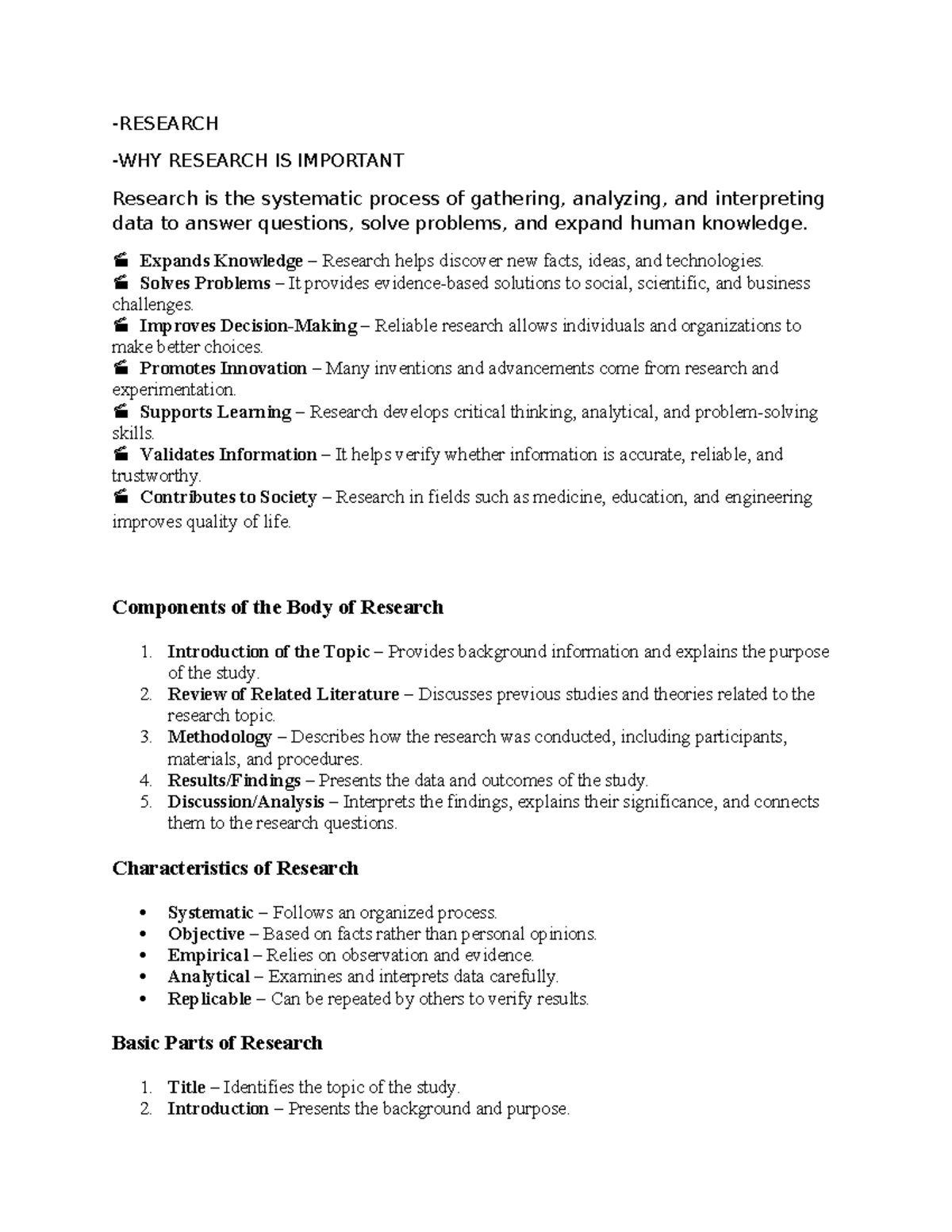 RESEARCH 101: Importance, Components, and Methodology - Studocu
