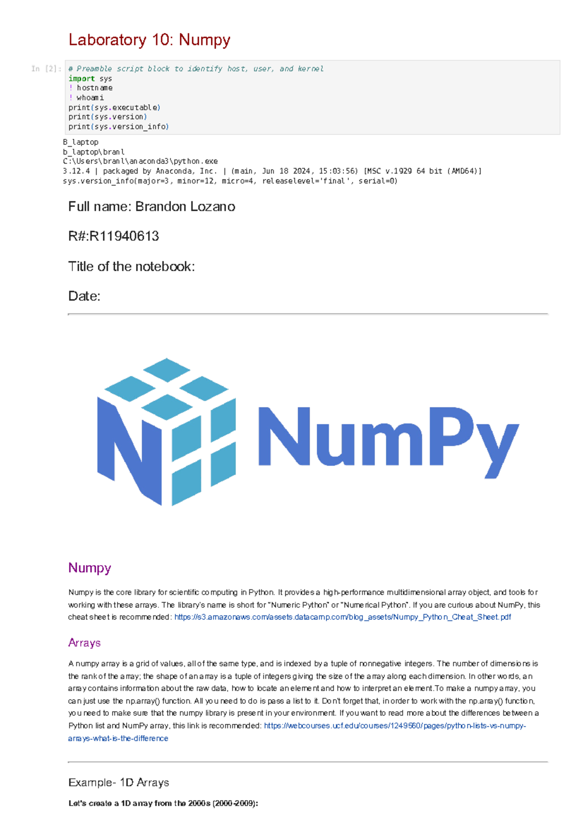 Lab010 - answer - Laboratory 10: Numpy Preamble script block to ...