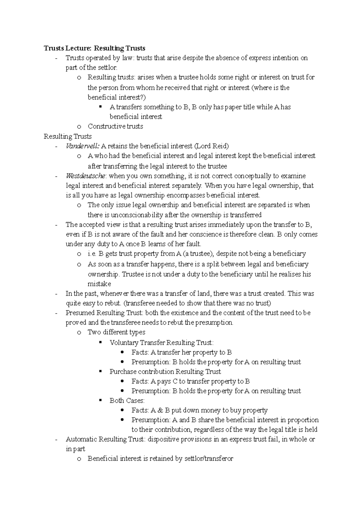 Trusts Lecture Notes: Resulting Trusts Overview & Key Cases - Studocu