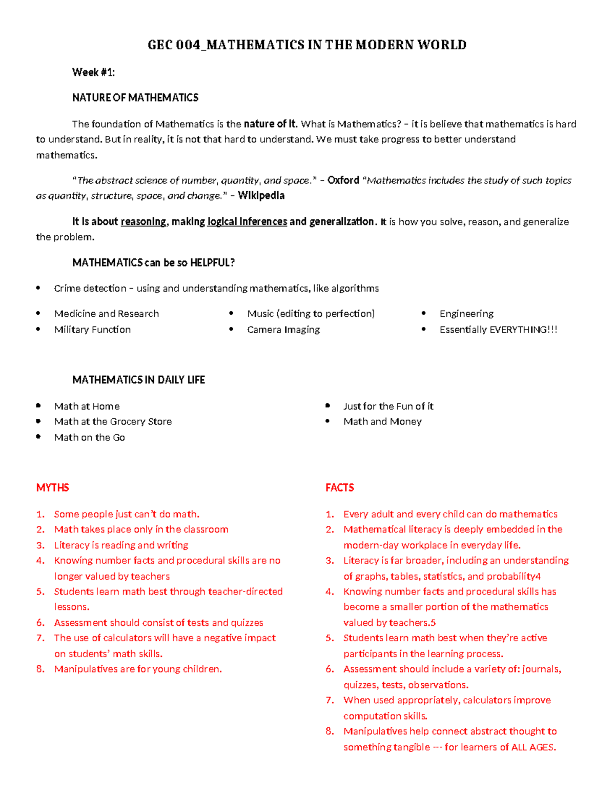 GEC 004: Understanding Mathematics in the Modern World - Week 1 ...
