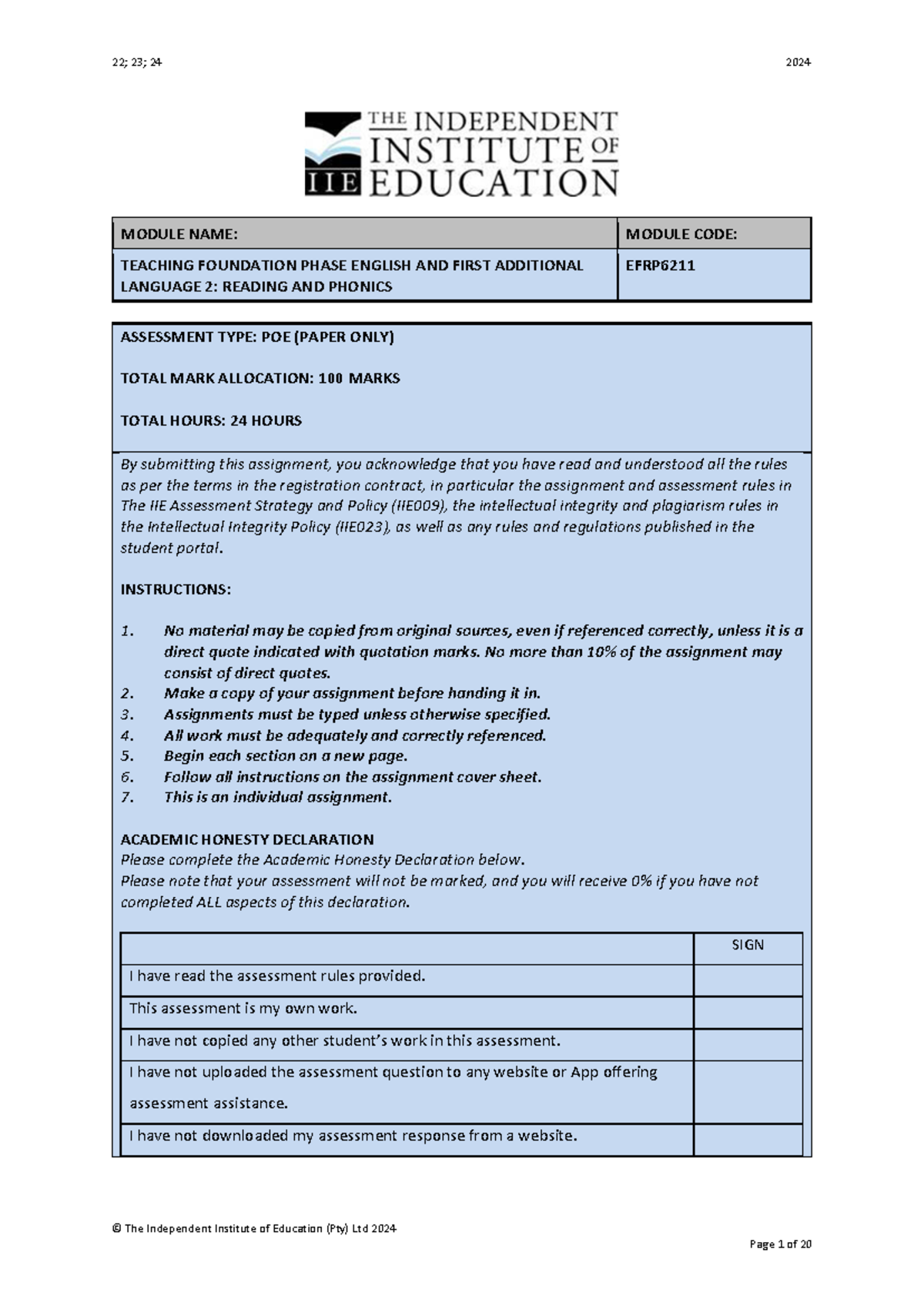 EFRP6211 POE - Assessment Guidelines for Reading and Phonics - Studocu