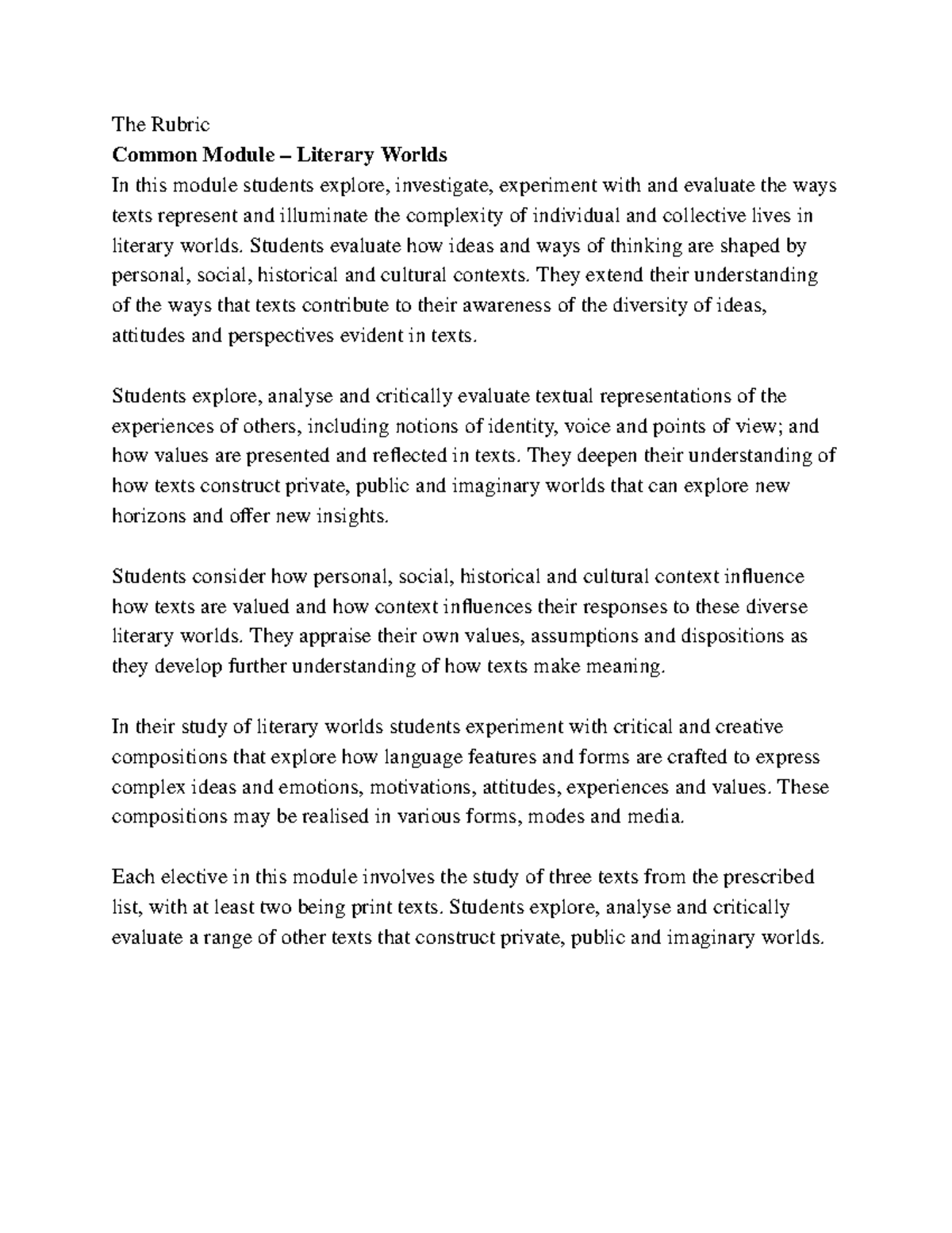 Rurbic - The Rubric Common Module – Literary Worlds In this module ...