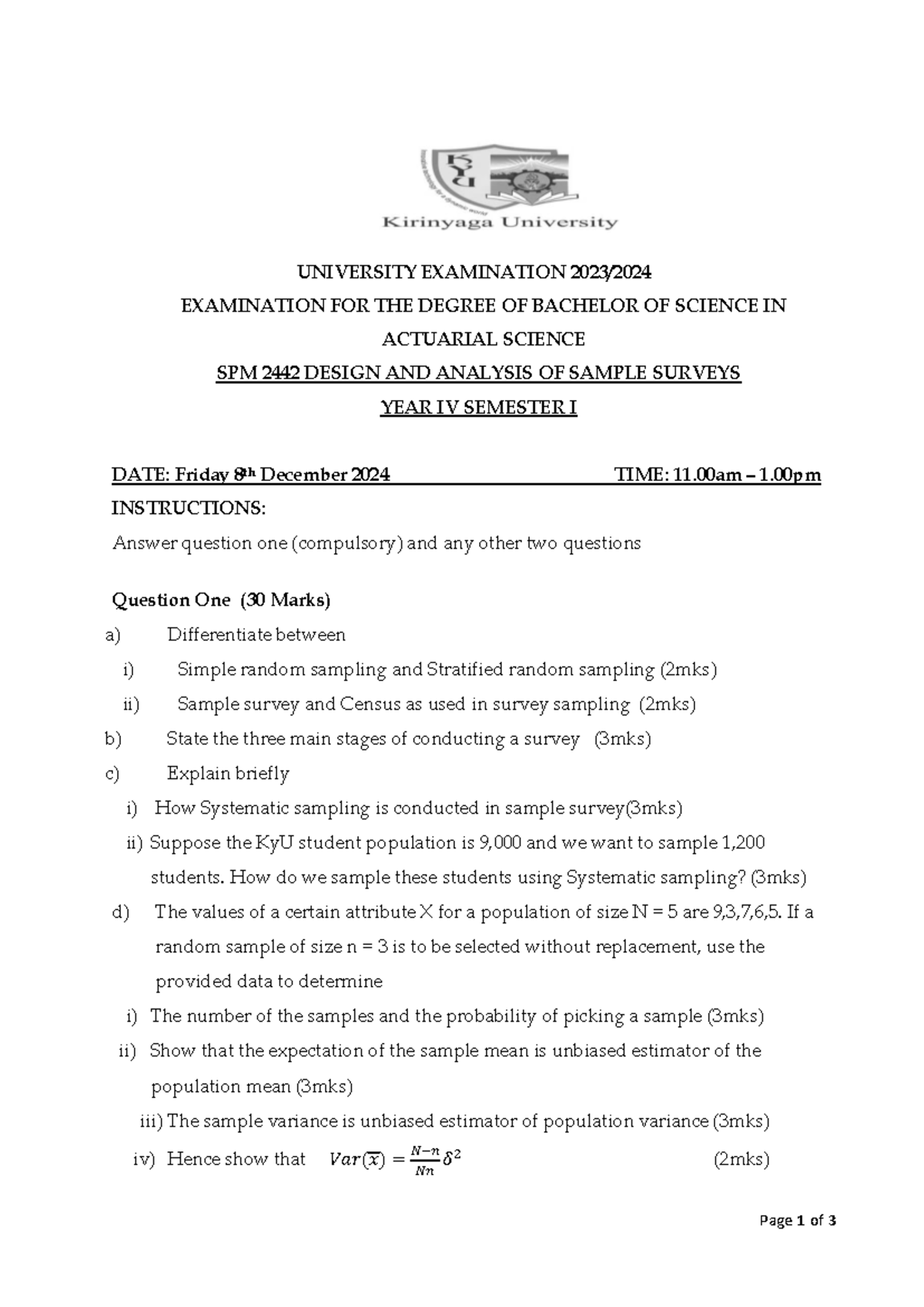 SPM 2442 Final Exam: Design & Analysis of Sample Surveys Year IV Sem I ...