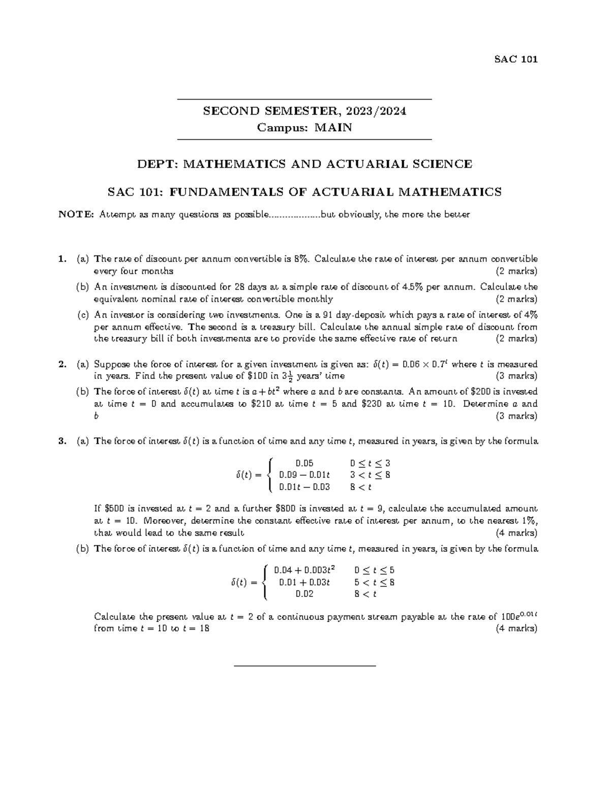 SAC 101 Final Exam Revision: Fundamentals of Actuarial Mathematics ...
