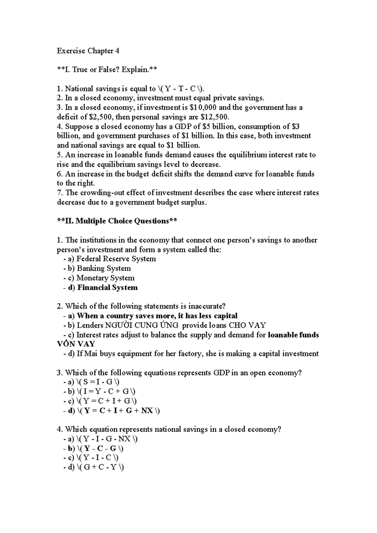 Exercise Chapter 4: True or False & Multiple Choice Questions - Studocu