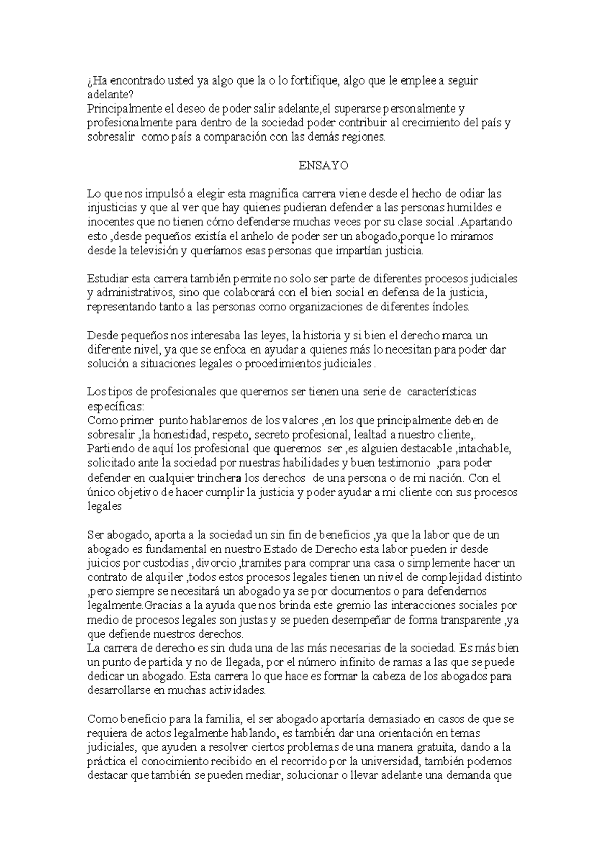 Ensayo sobre la Importancia de la Carrera de Derecho - Studocu