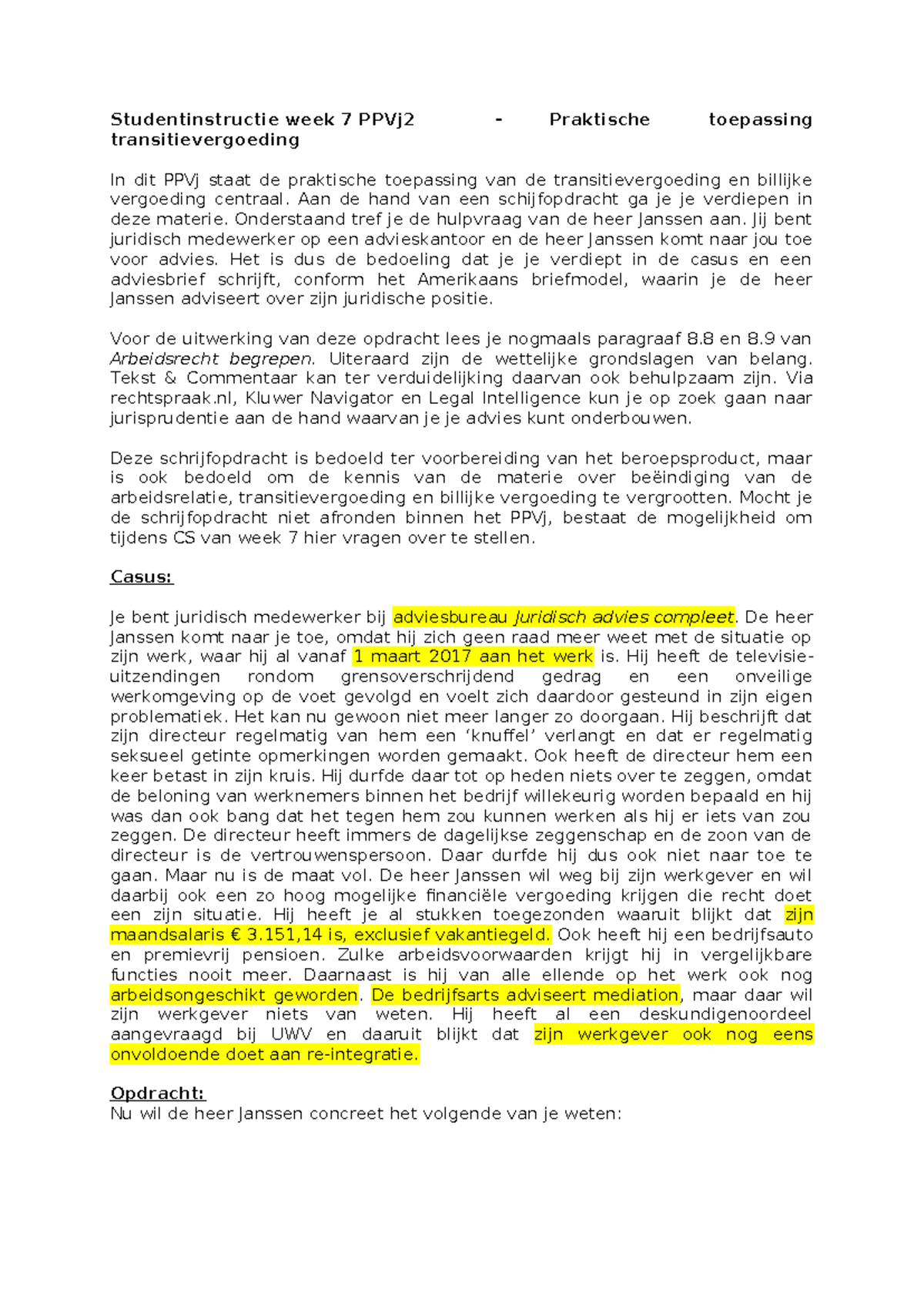 PPVj2 - Week 7 Praktische Toepassing Transitievergoeding en Advies ...