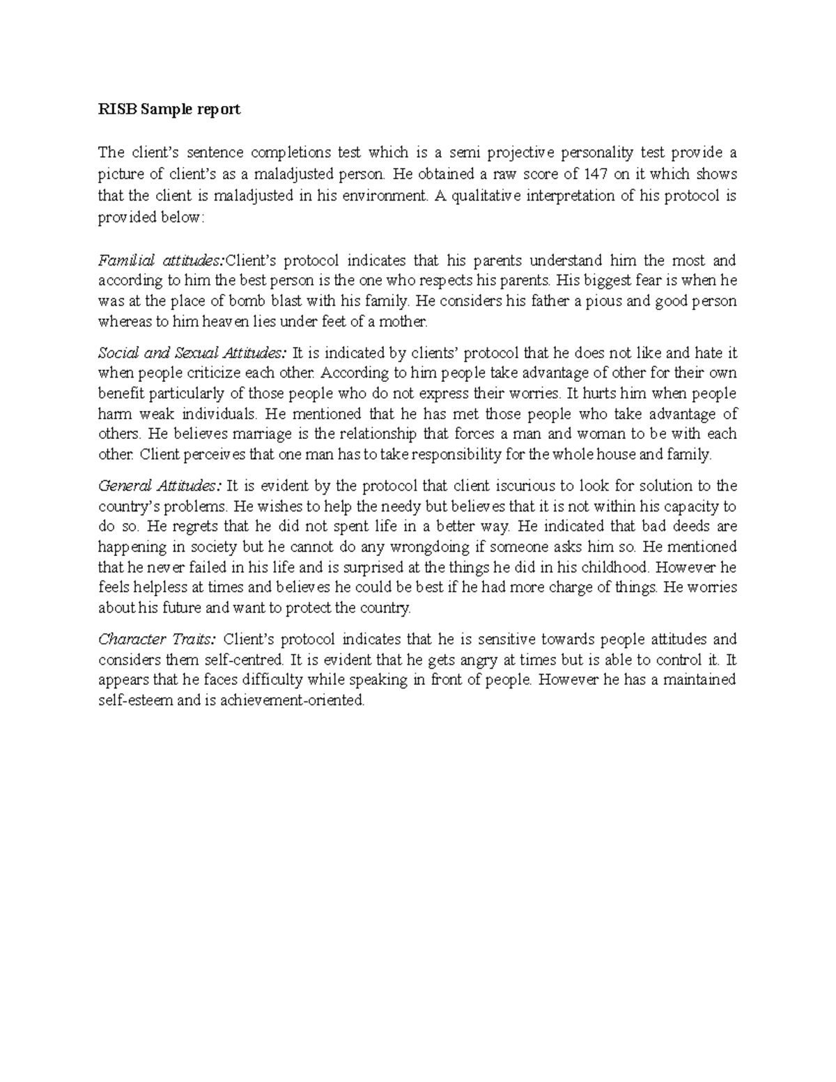 RISB Sample Report on Client's Psychological Profile Analysis - Studocu