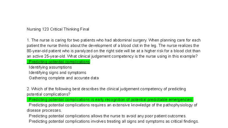 Nursing 123 Critical Thinking Final Exam Review and Key Concepts - Studocu