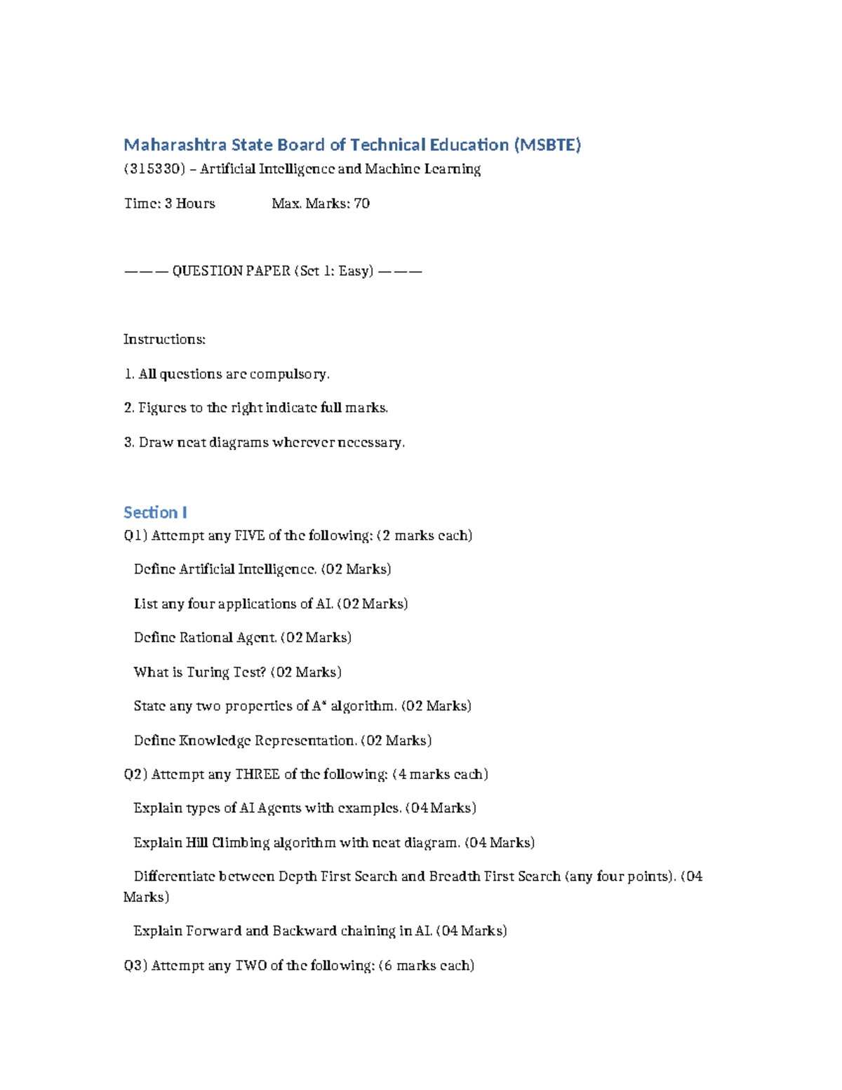 AIML (315330) MSBTE Question Paper Set 1: Easy Exam - Studocu