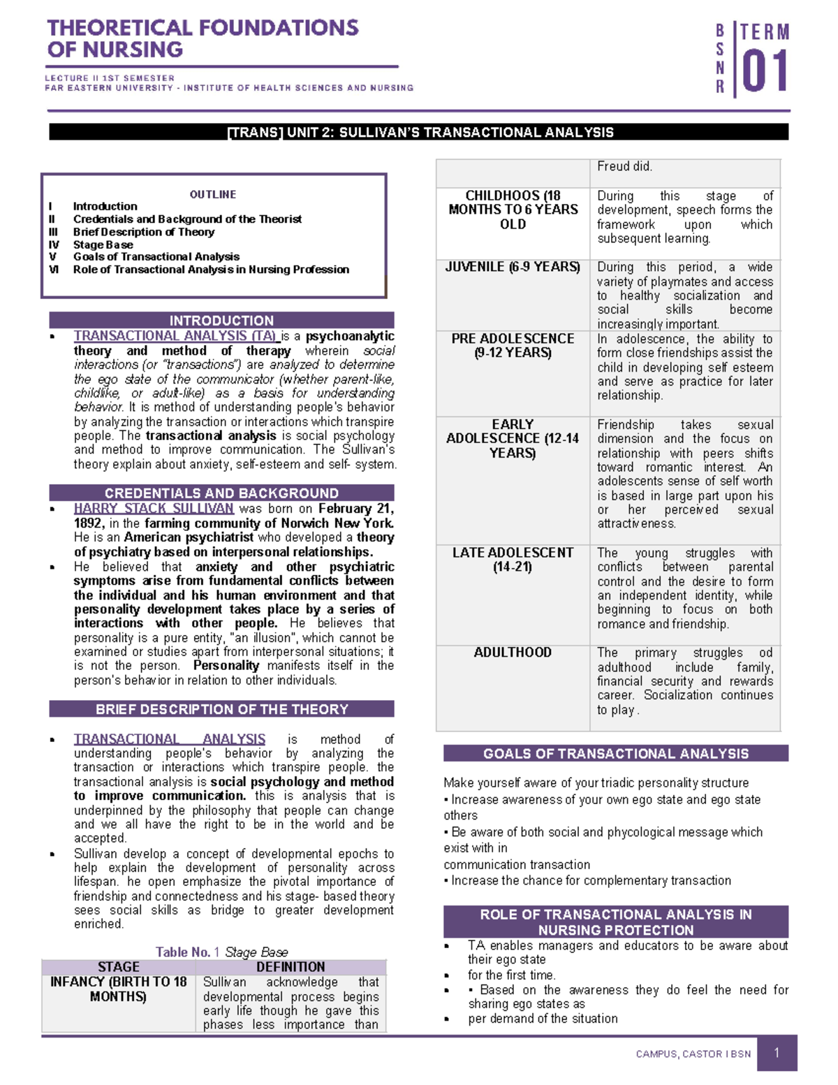 Transactional Analysis: Sullivan's Theory & Nursing Role - TFN - Studocu