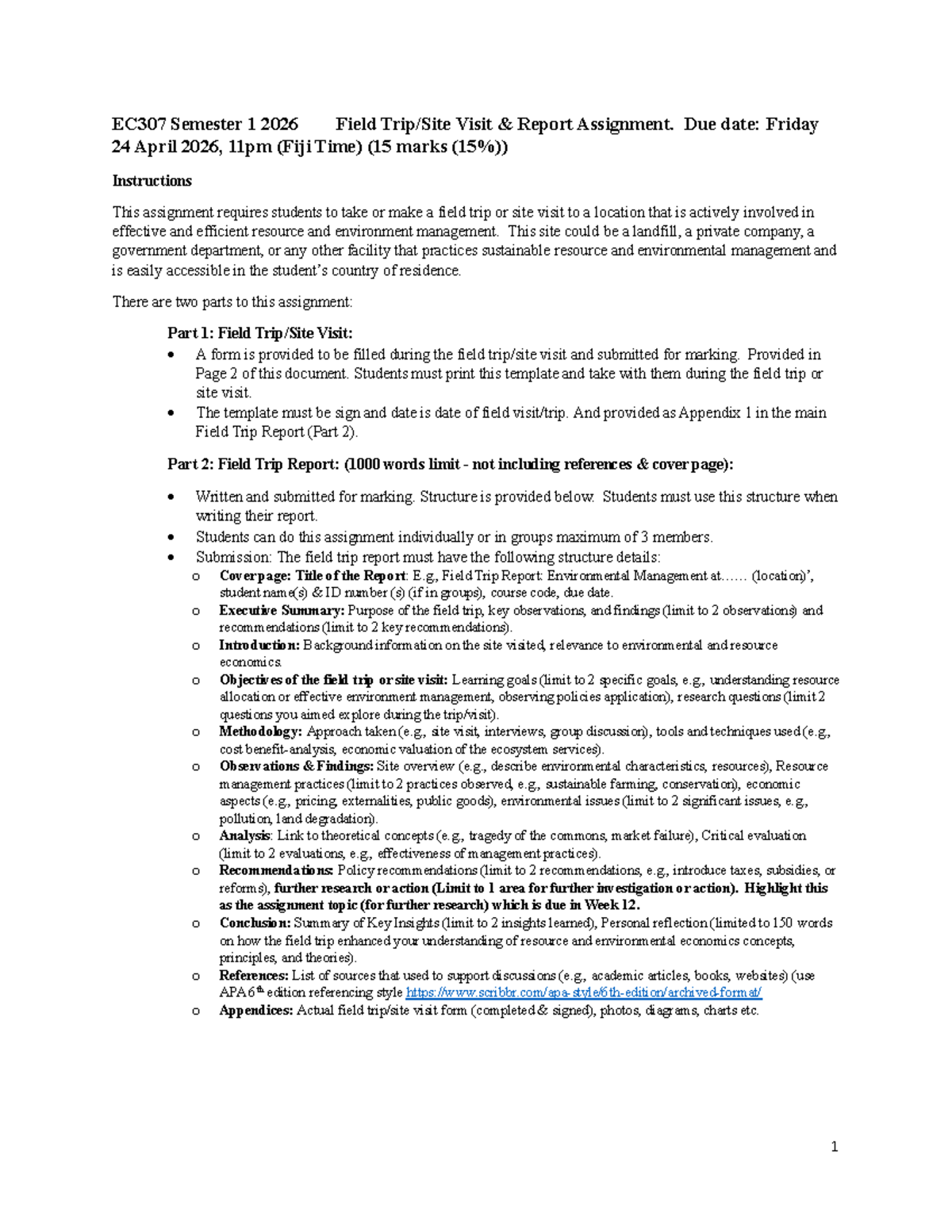 EC307 Semester 1 2026 Field Visit Report Guidelines and Instructions ...