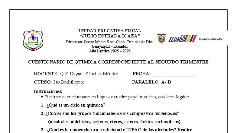 CUESTIONARIO DE QUÍMICA 3ro BACHILLERATO 2025-2026 - Studocu