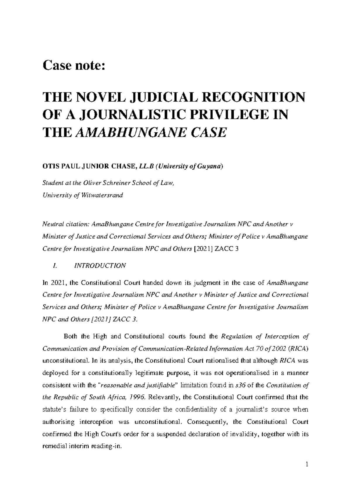 Case note - writing sample - Case note: THE NOVEL JUDICIAL RECOGNITION ...