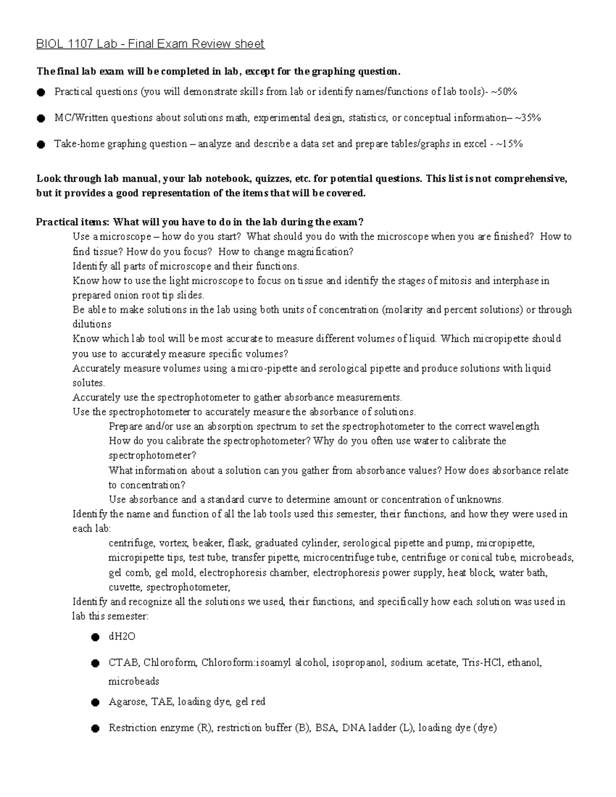BIOL 1107 Lab Final Exam Review Guide: Key Concepts & Skills - Studocu