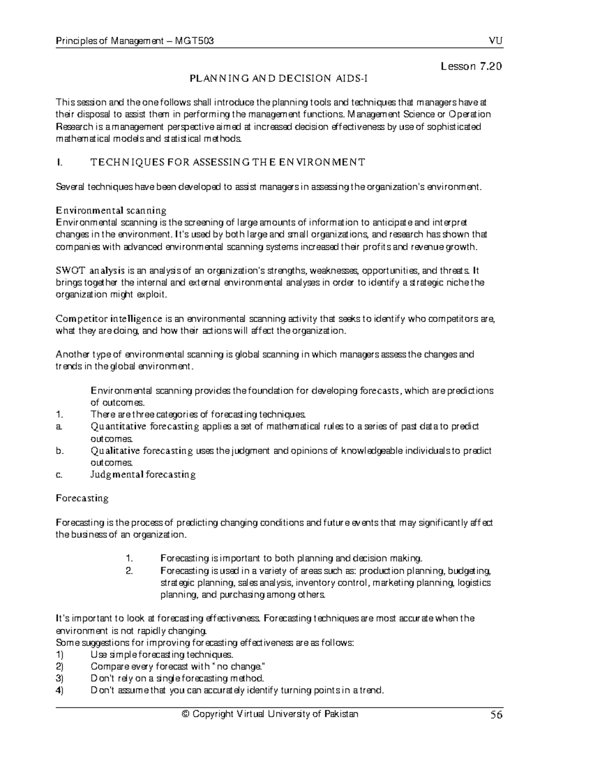 MGT503 VU Principles of Management Lesson 7.20: Planning & Decision ...
