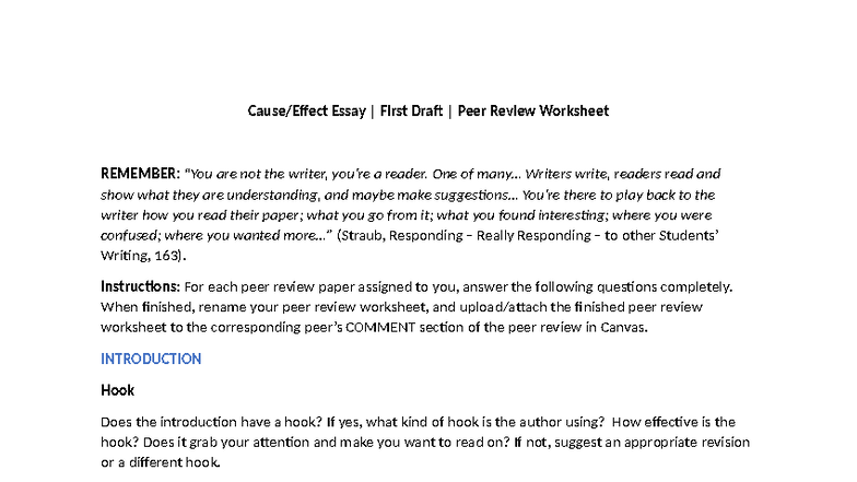 Peer Review Worksheet for Cause & Effect Essay Draft (v2) - Studocu