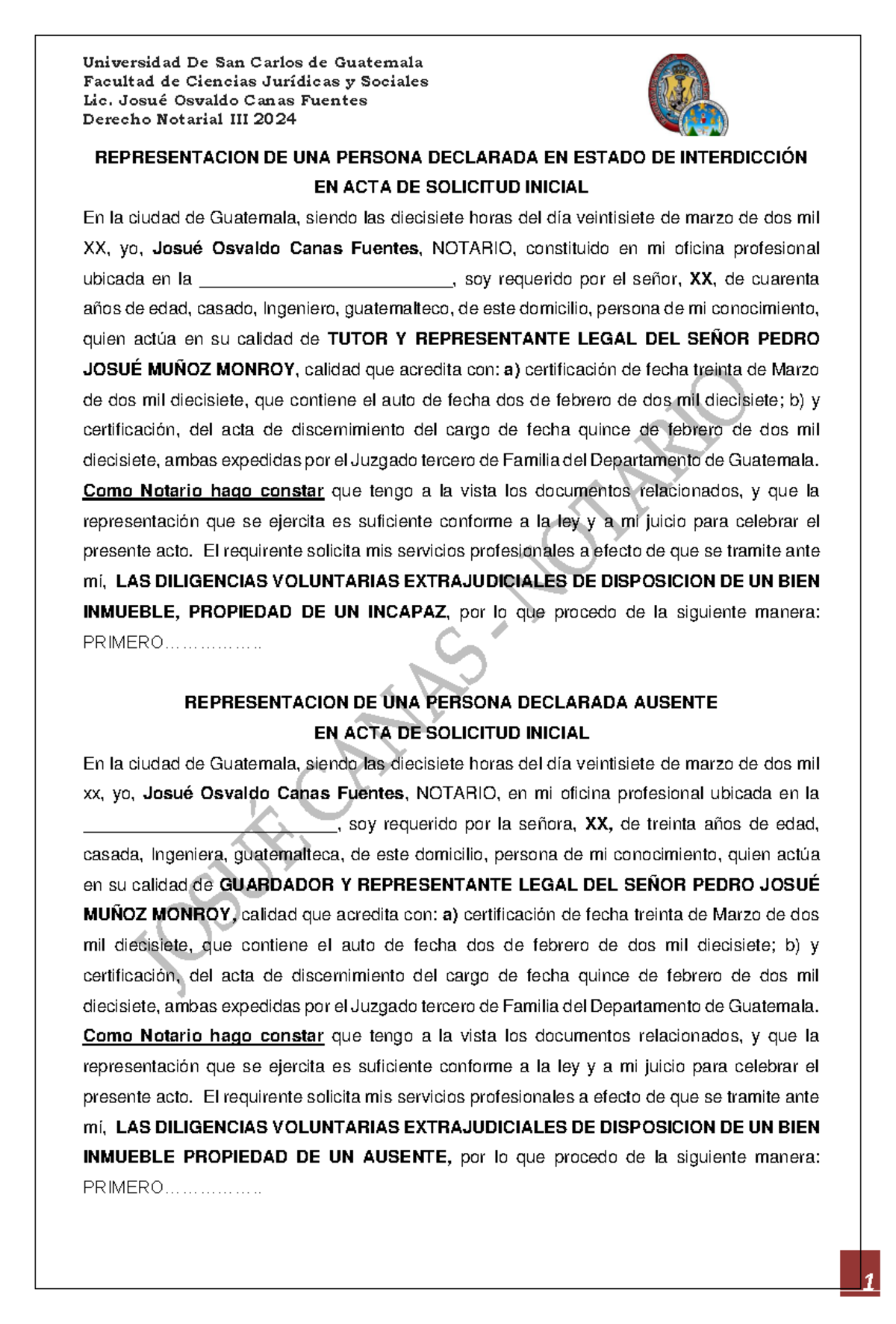 Representacion de menor, ausente, incapaz y mandatario en actas ...