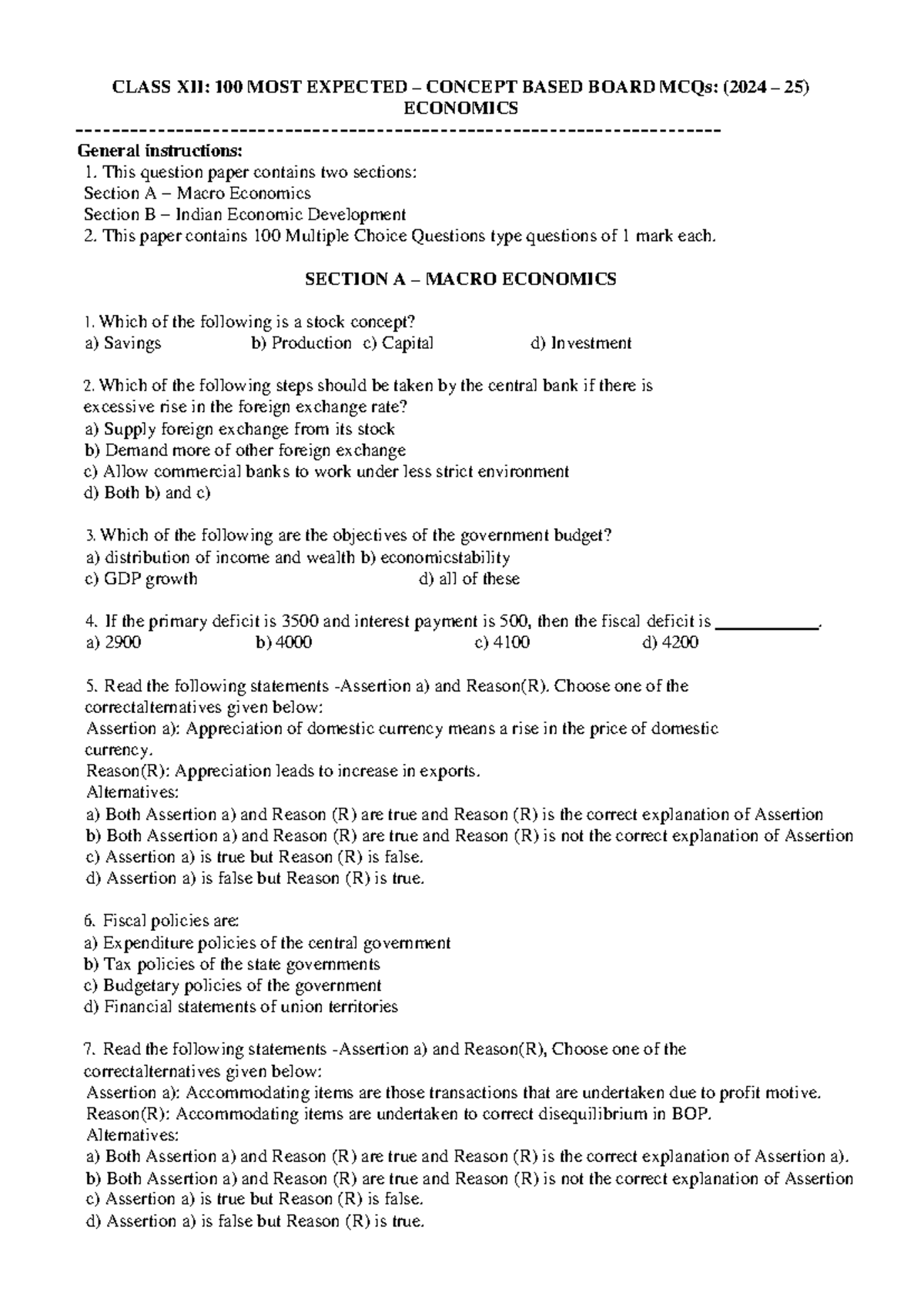 CLASS XII: 100 MOST EXPECTED MCQs FOR ECONOMICS (2024-25) - Studocu
