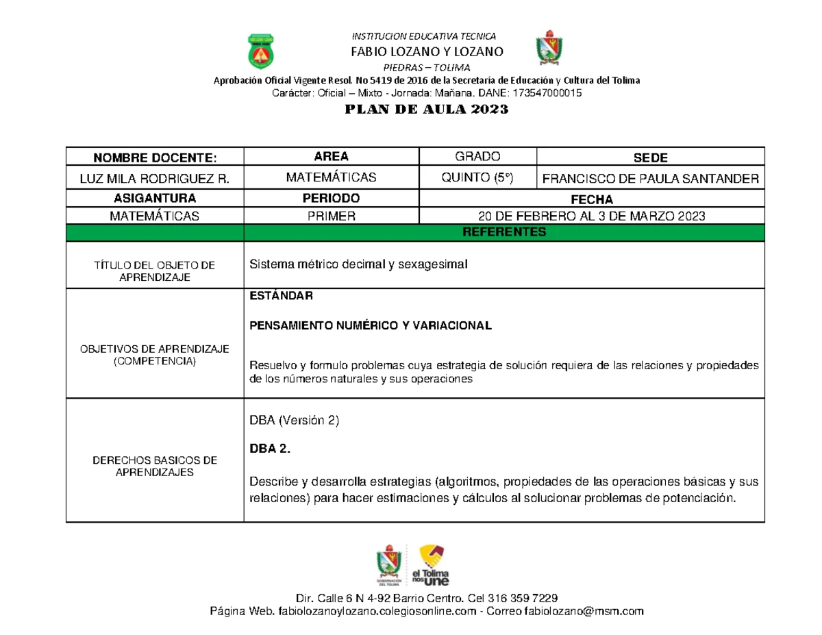 Plan de Aula para Grado 5° by LUZ MILA R. - Tercer Periodo 2023 - Studocu