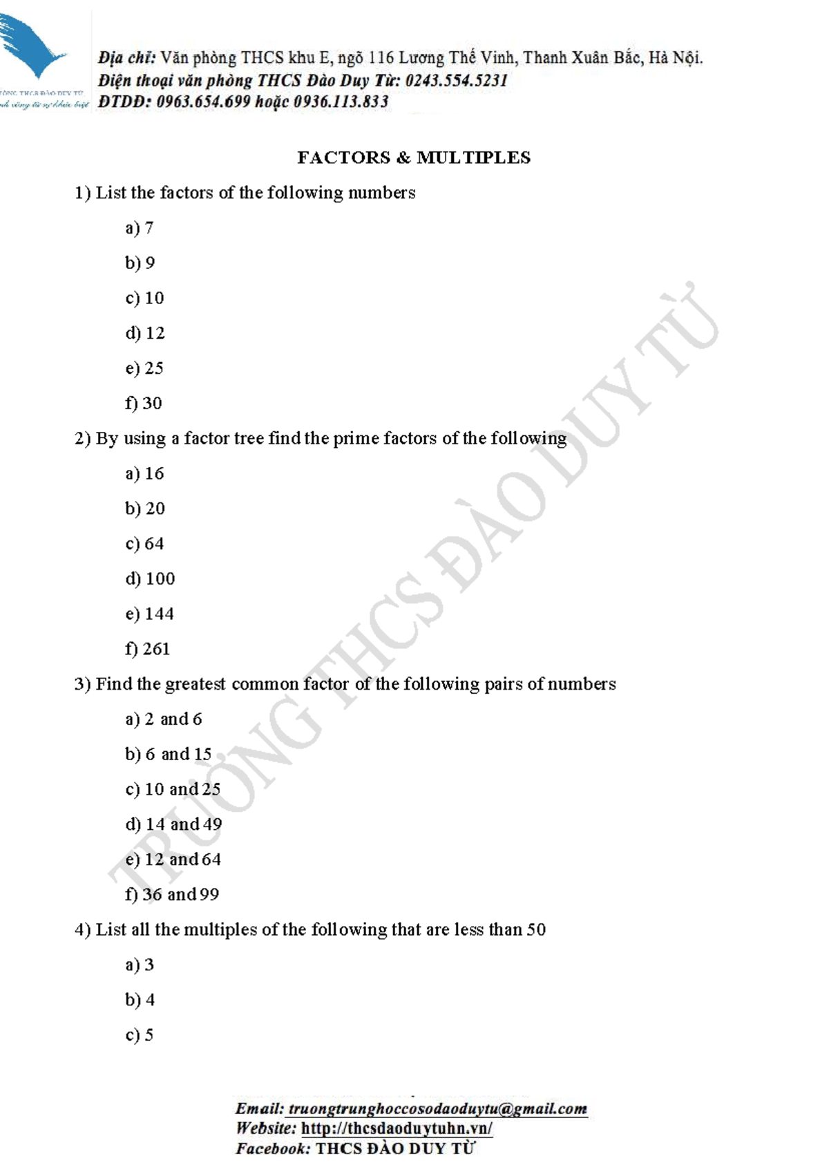 Factors and Multiples Practice - 2 (Math 101) - Studocu