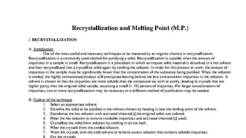 Recrystallization Techniques and Melting Point Analysis (CHEM 101 ...