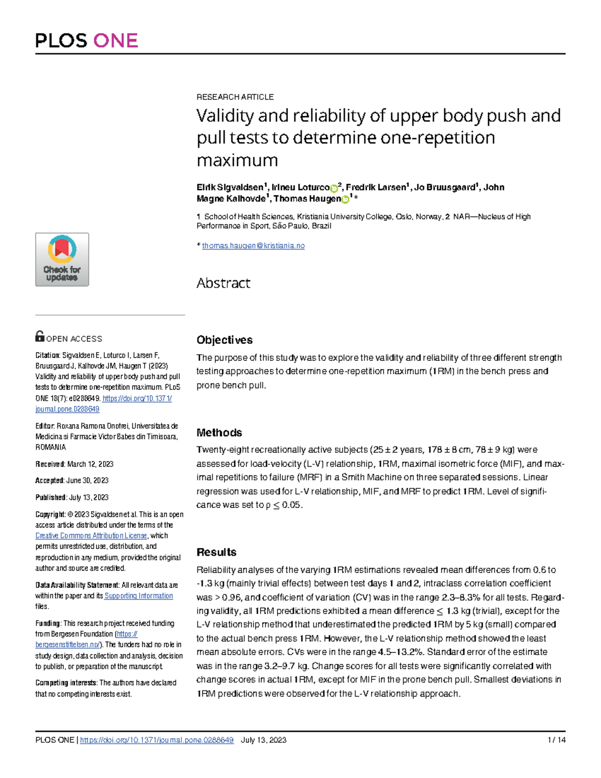 Validity and Reliability of Upper Body Strength Tests: 1RM Predictors ...