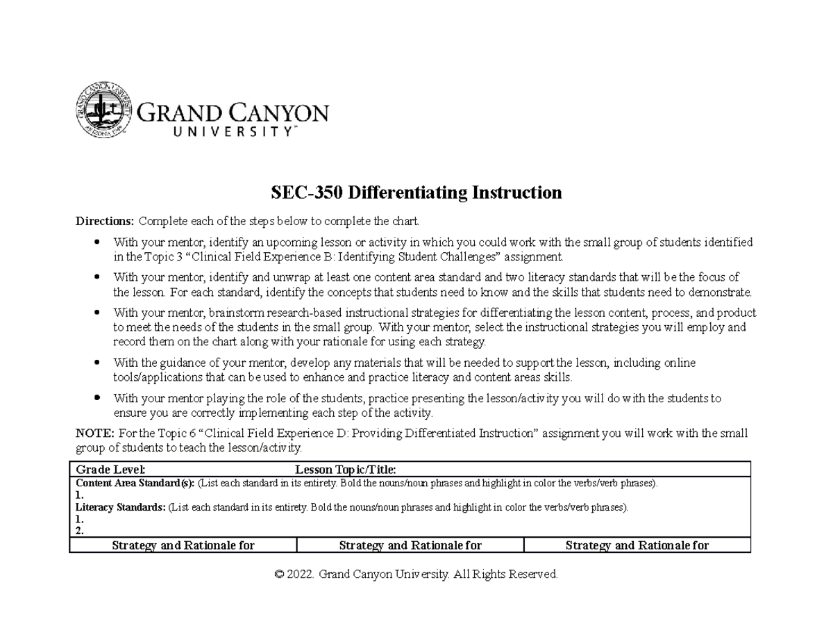 SEC-350 T5 Lesson Plan: Differentiating Instruction Strategies - Studocu