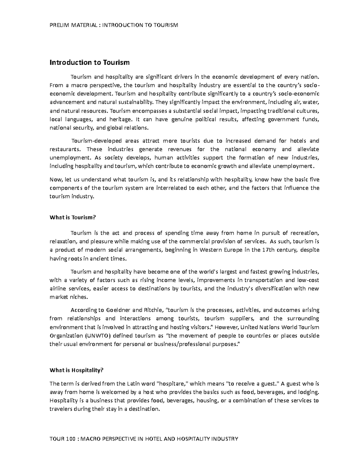 1. Introduction to tourism (TOUR 100) - Introduction to Tourism Tourism ...