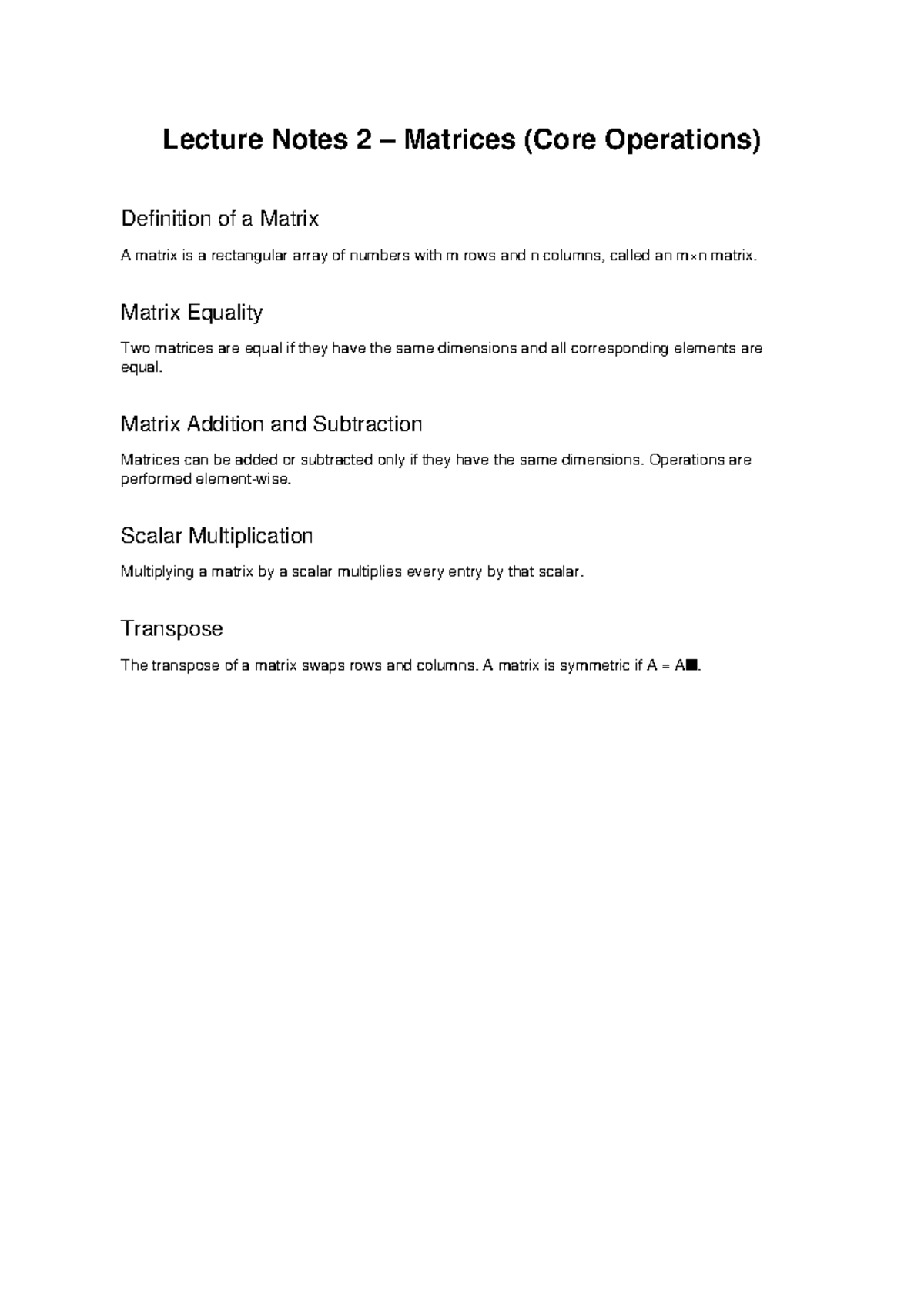 Lecture Notes 2 – Matrices (Core Operations) - Lecture Notes 2 ...