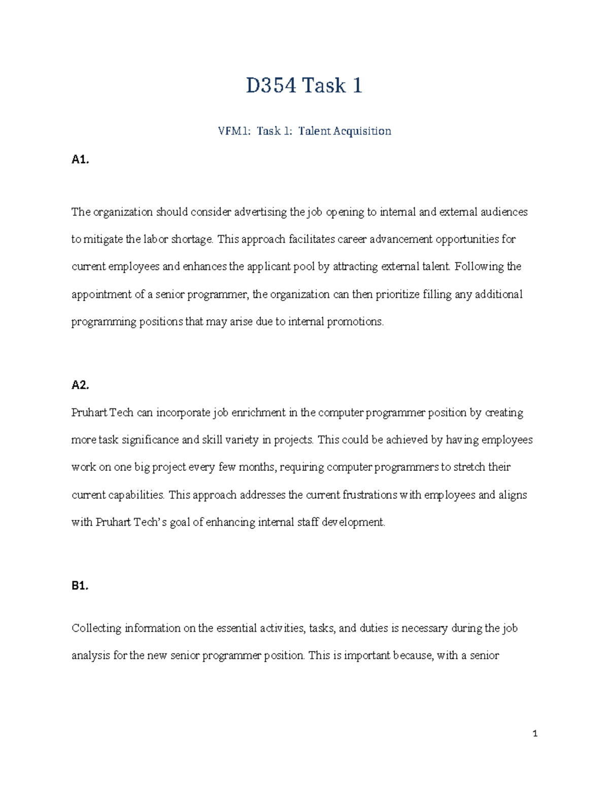D354 Task 1 - Super easy - D354 Task 1 VFM1: Task 1: Talent Acquisition ...
