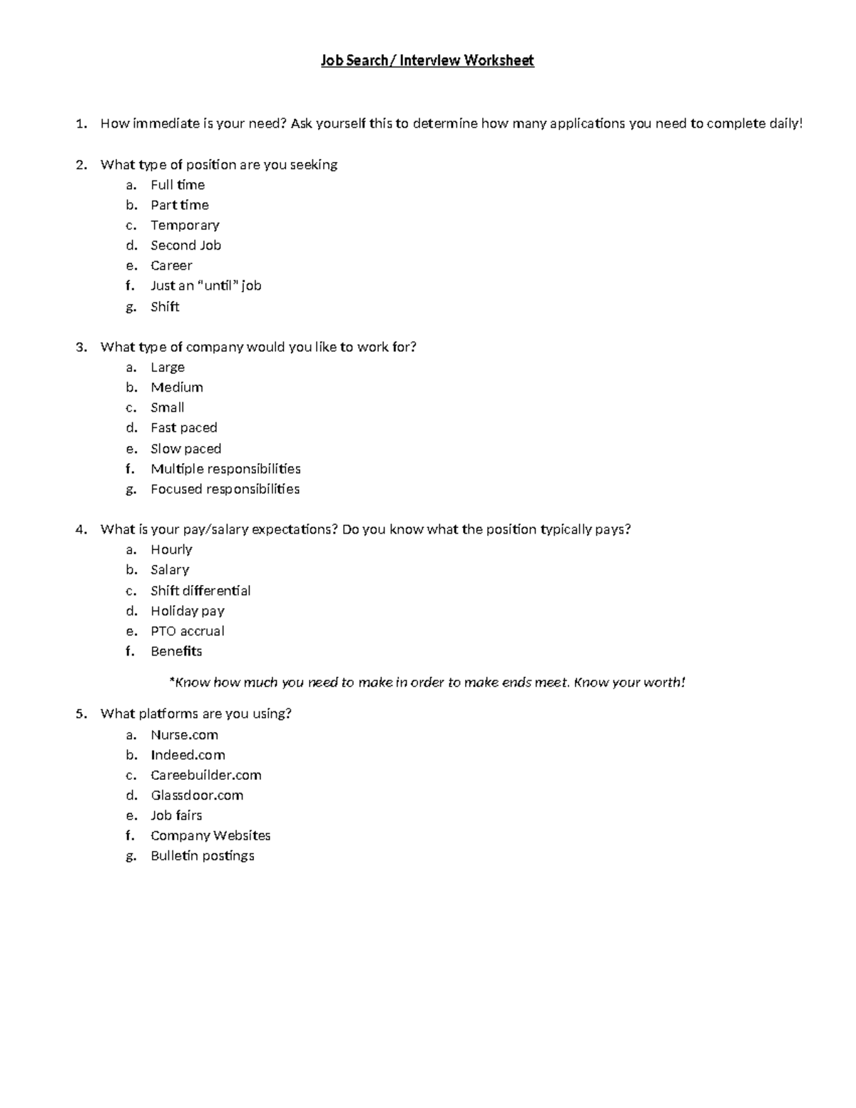 Job Search-Interview Worksheet: Essential Questions for Success - Studocu