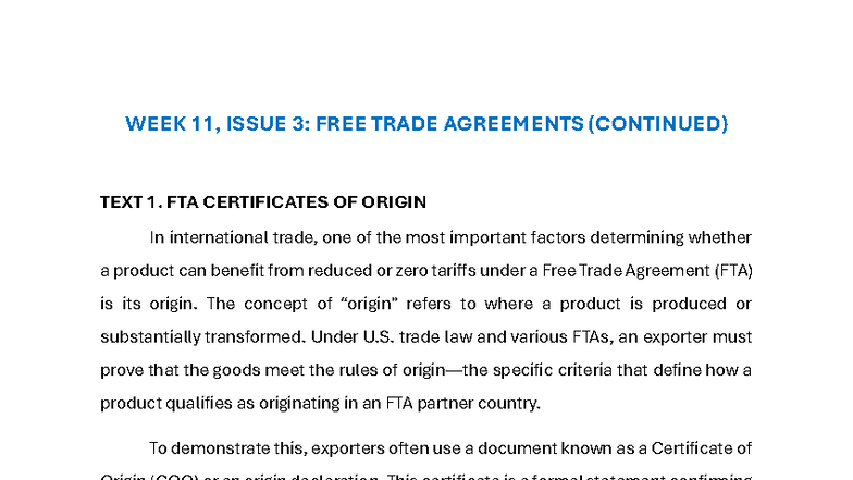 ALE1 2025 Week 11: Understanding FTA Certificates of Origin - Studocu